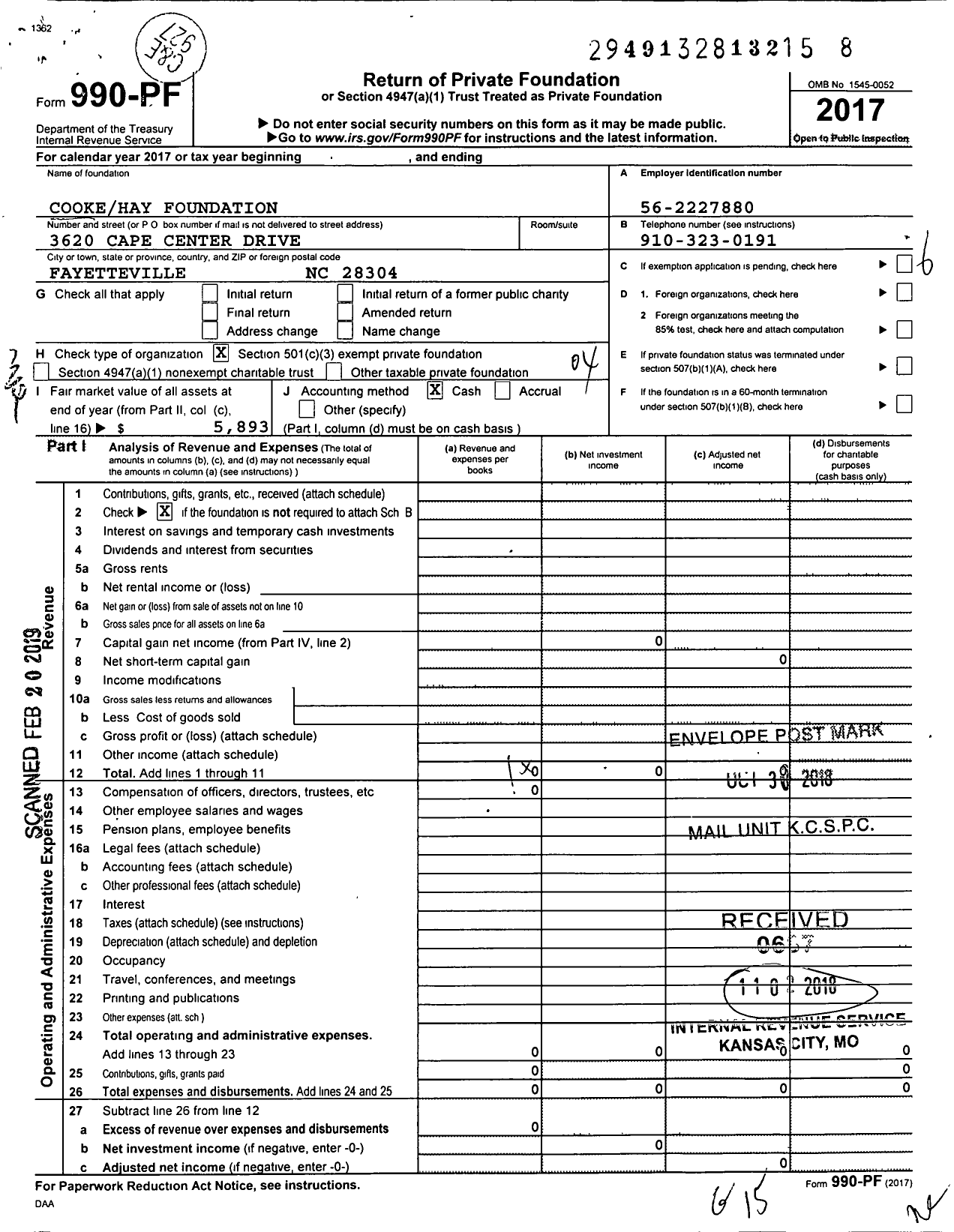 Image of first page of 2017 Form 990PF for Cooke Hay Foundation