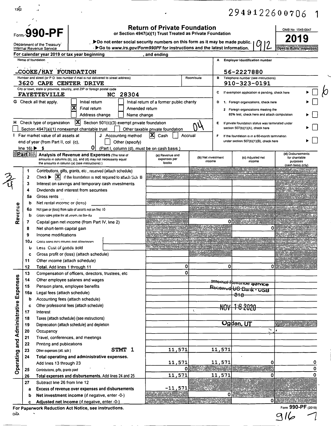 Image of first page of 2019 Form 990PF for Cooke Hay Foundation