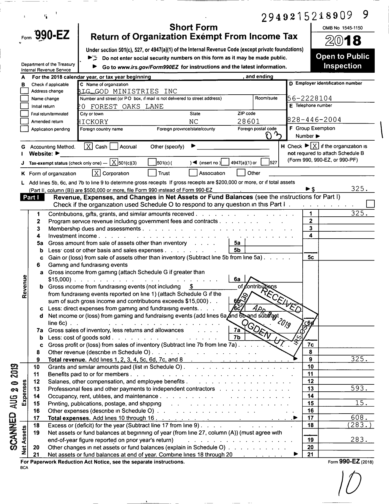 Image of first page of 2018 Form 990EZ for Big God Ministries