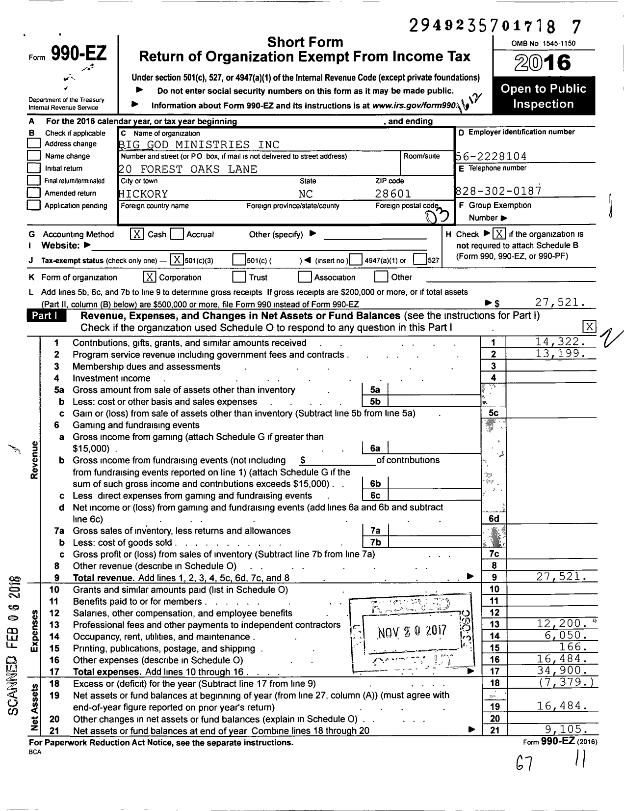 Image of first page of 2016 Form 990EZ for Big God Ministries