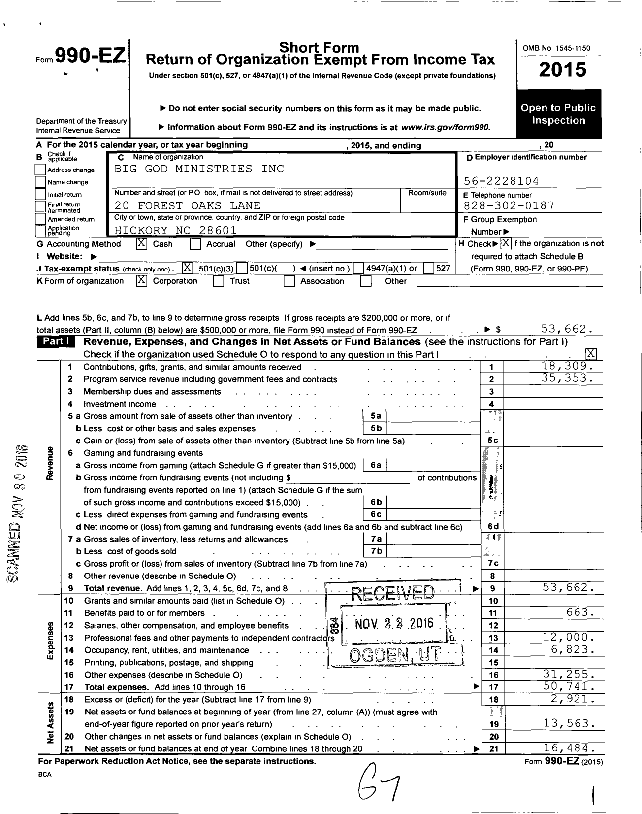 Image of first page of 2015 Form 990EZ for Big God Ministries