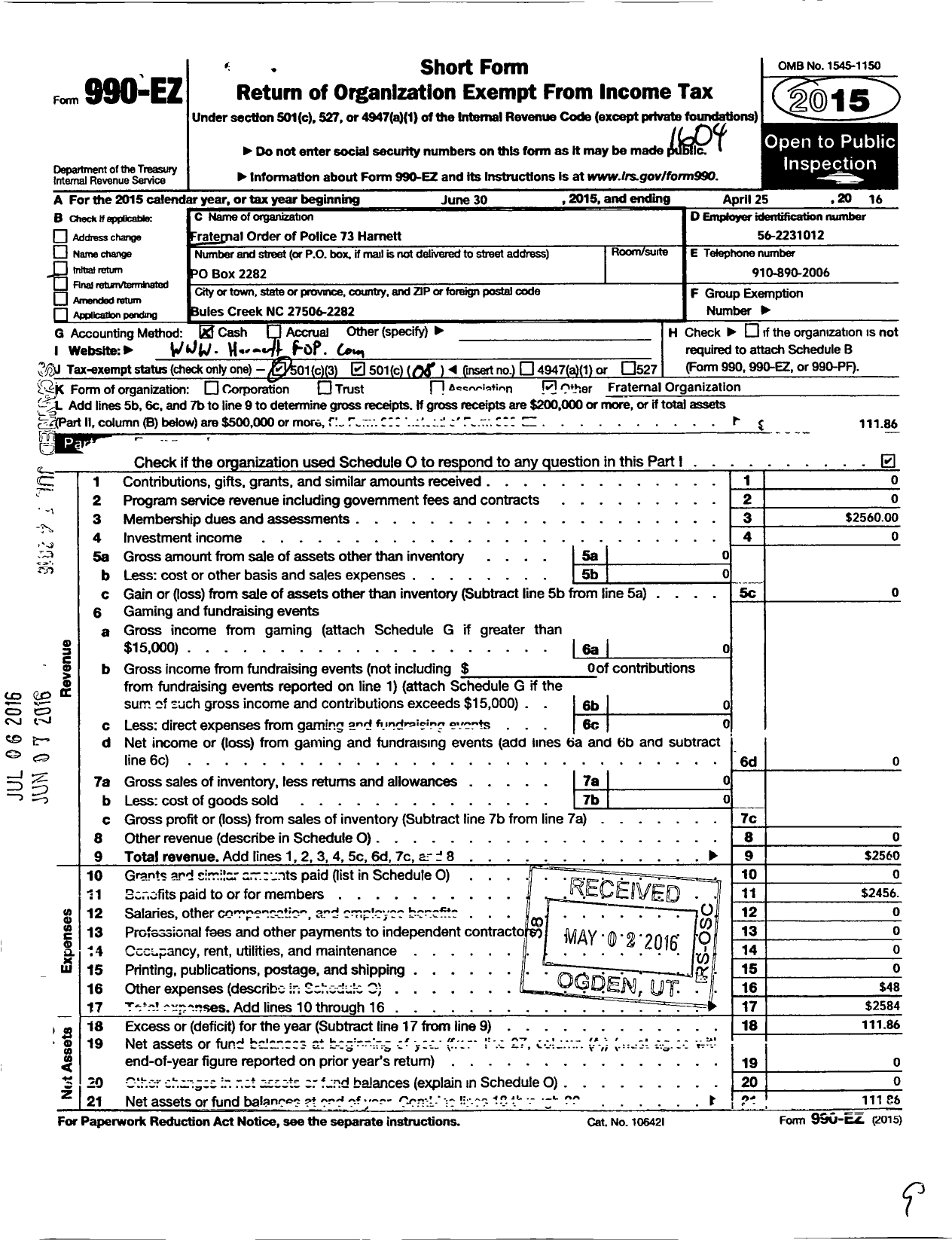 Image of first page of 2015 Form 990EO for Fraternal Order of Police - Harnett County Fop 73