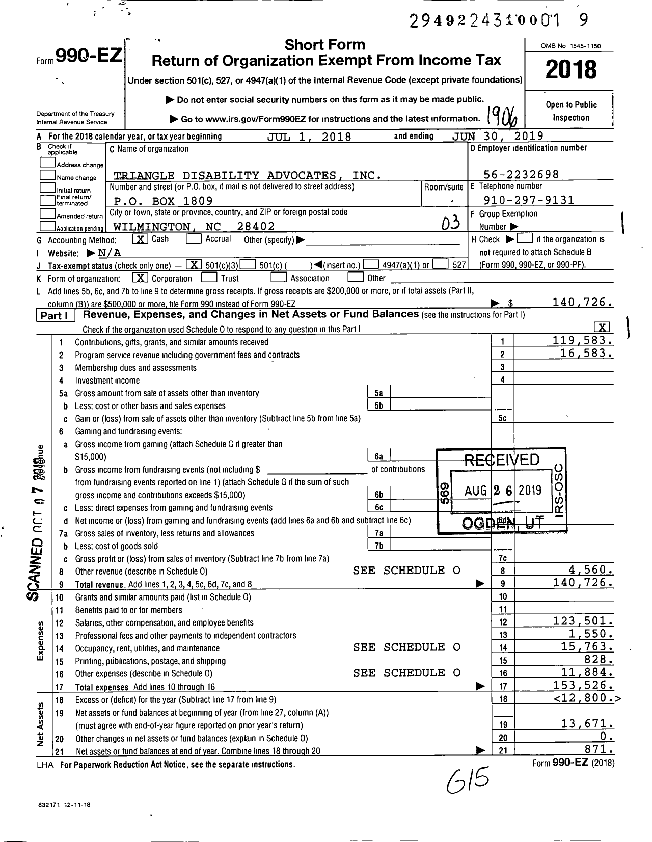 Image of first page of 2018 Form 990EZ for Triangle Disability Advocates