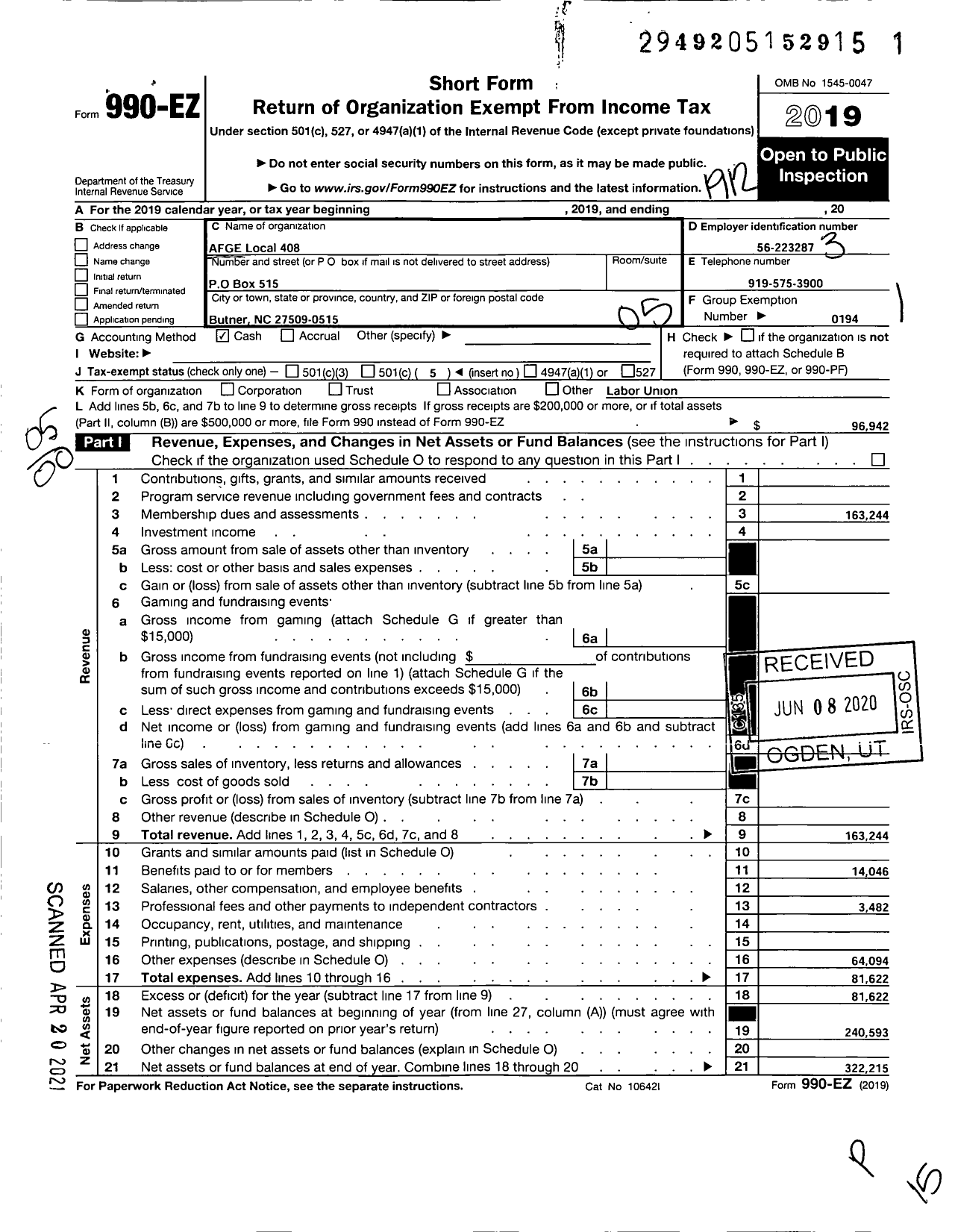 Image of first page of 2019 Form 990EO for American Federation of Government Employees - 0408 Afge Bop Local