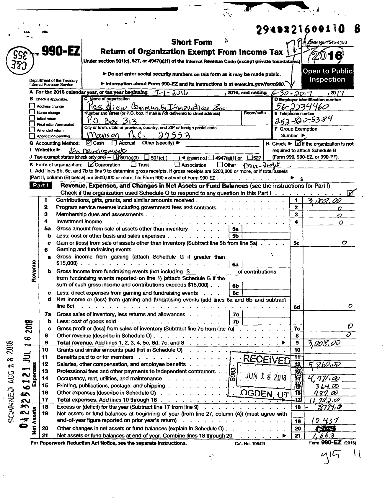Image of first page of 2016 Form 990EZ for Pier View Community Innovations