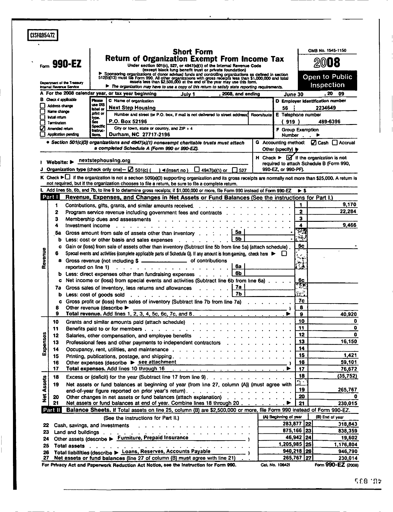 Image of first page of 2008 Form 990ER for Next Step Housing