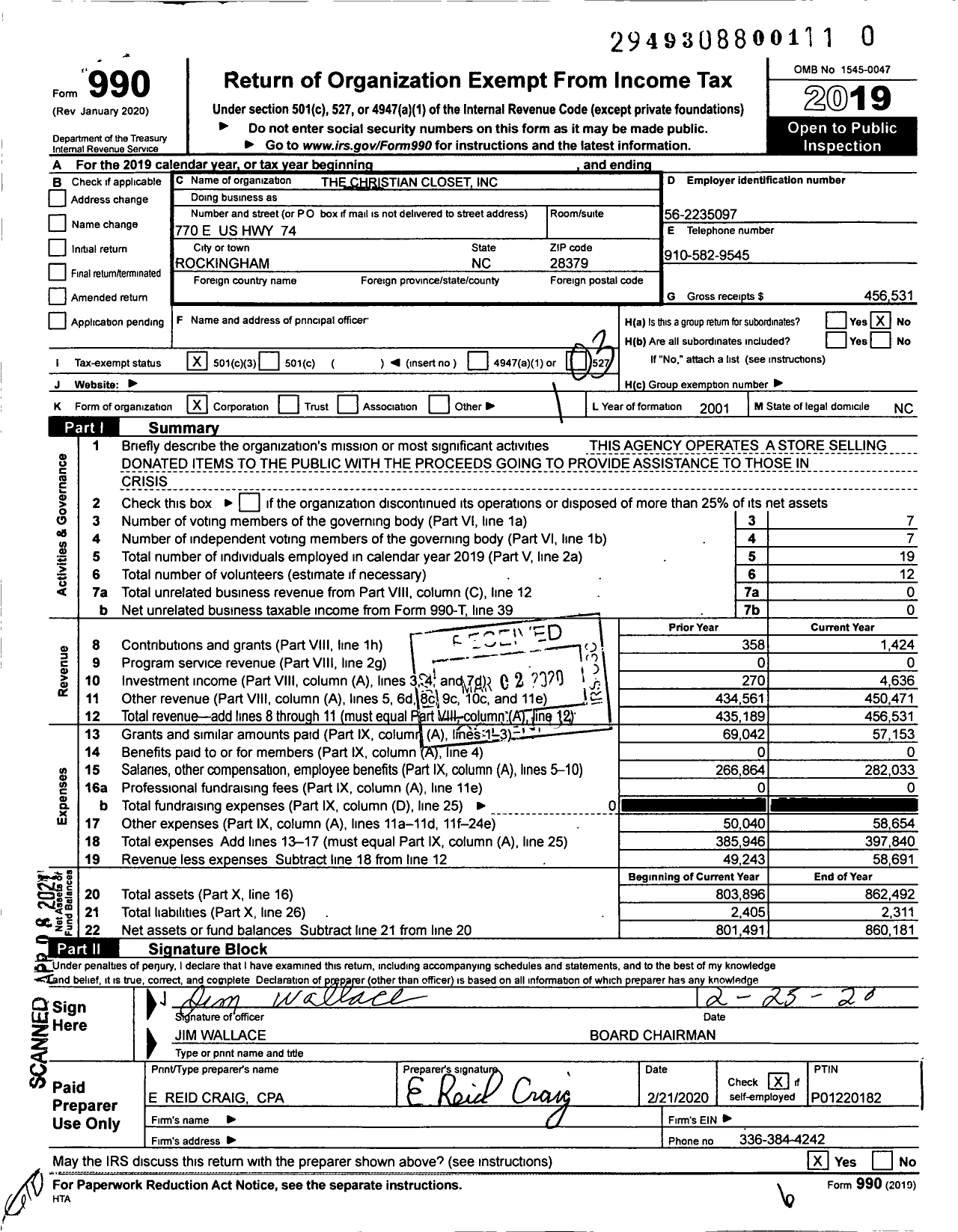 Image of first page of 2019 Form 990 for The Christian Closet