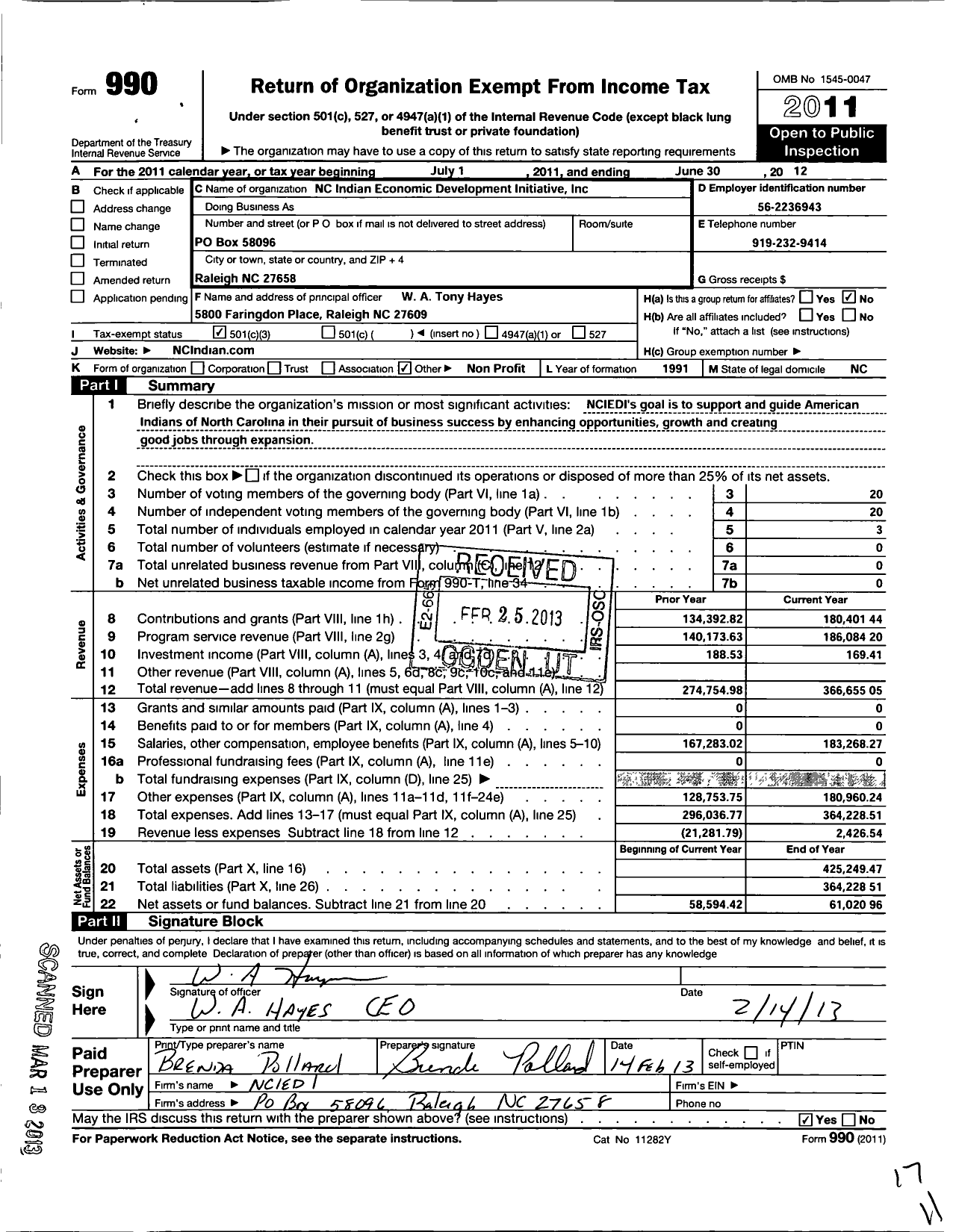 Image of first page of 2011 Form 990 for North Carolina Indian Economic Development Initiative