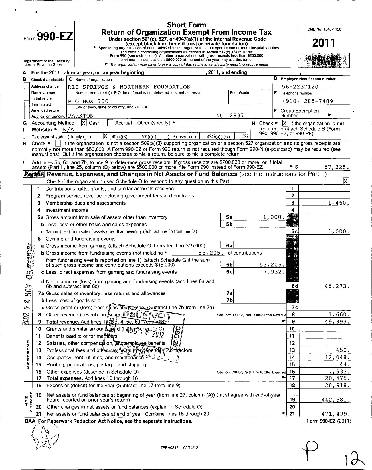Image of first page of 2011 Form 990EZ for Red Springs and Northern Foundation