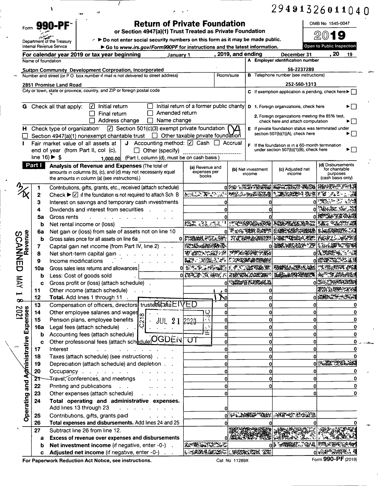 Image of first page of 2019 Form 990PF for Sutton Community Development Corporation