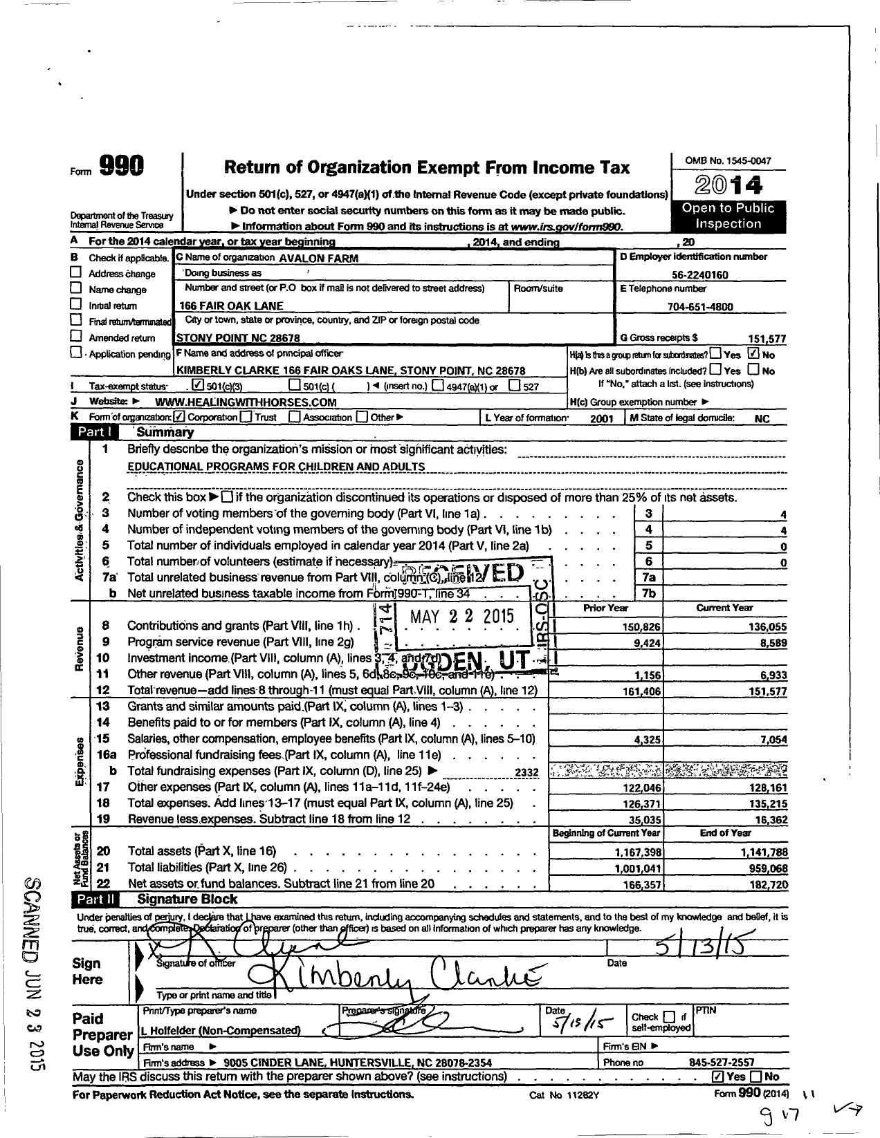 Image of first page of 2014 Form 990 for Avalon Farm