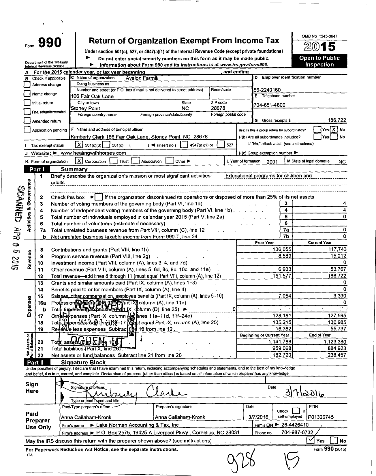 Image of first page of 2015 Form 990 for Avalon Farm