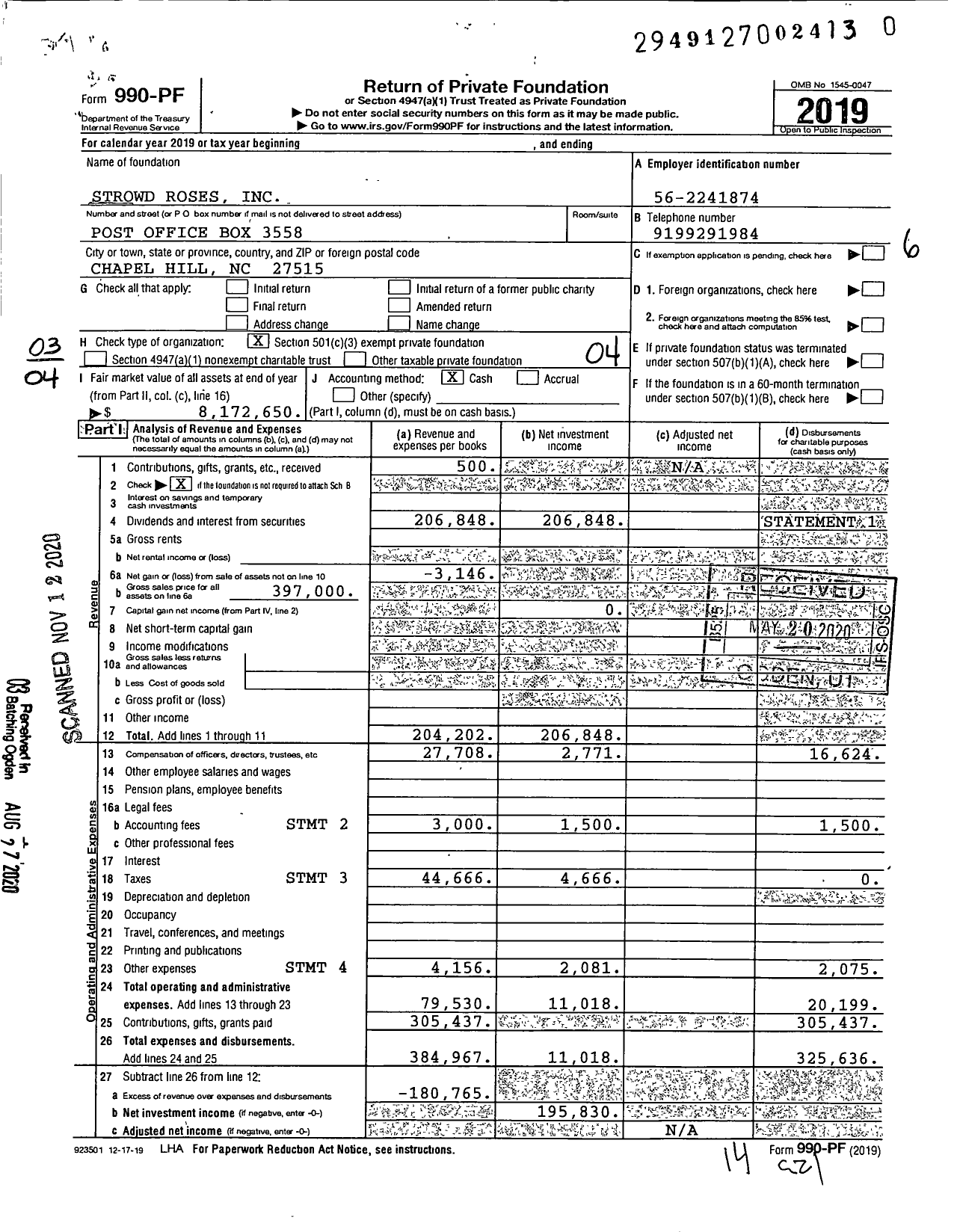 Image of first page of 2019 Form 990PF for Strowd Roses