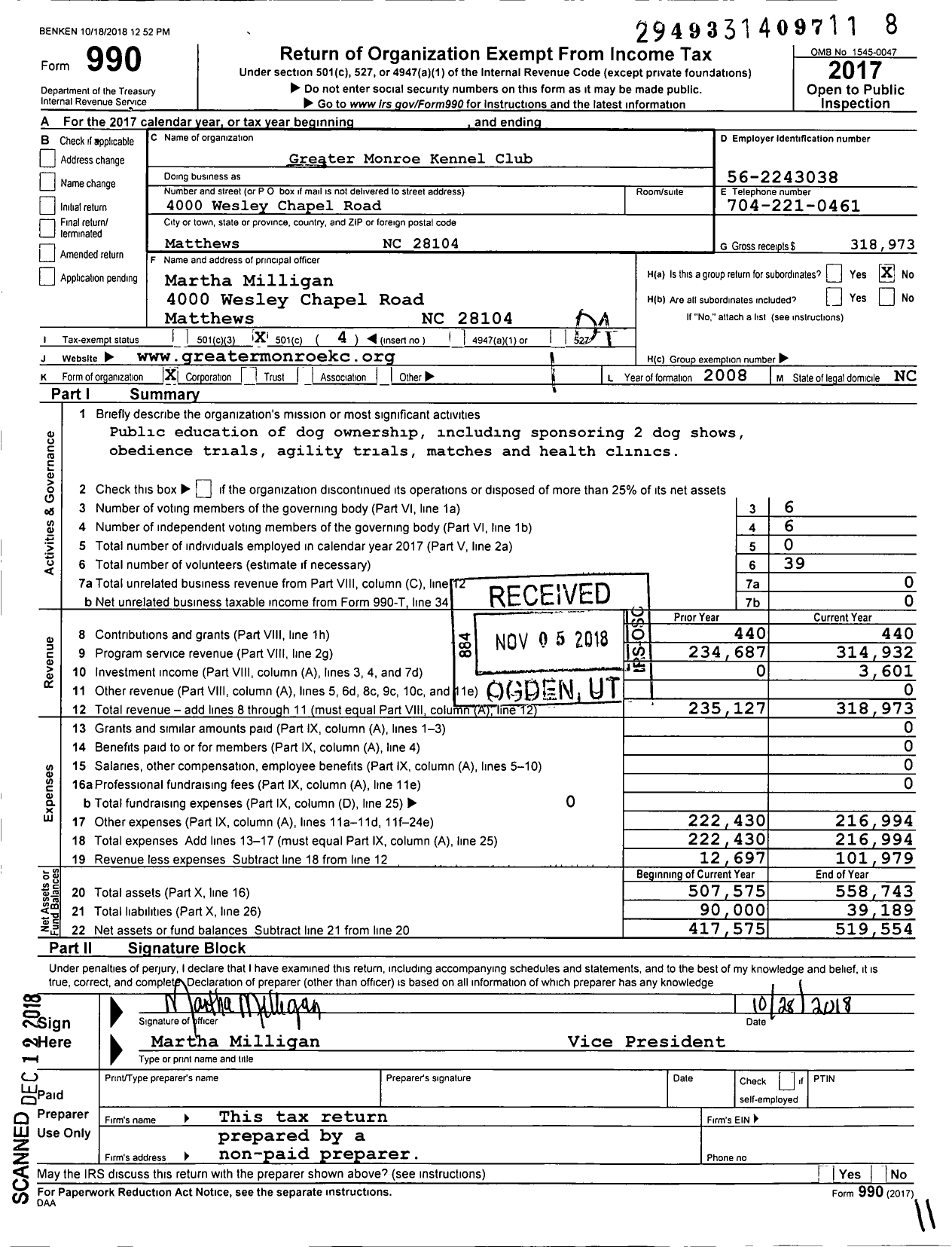 Image of first page of 2017 Form 990O for Greater Monroe Kennel Club