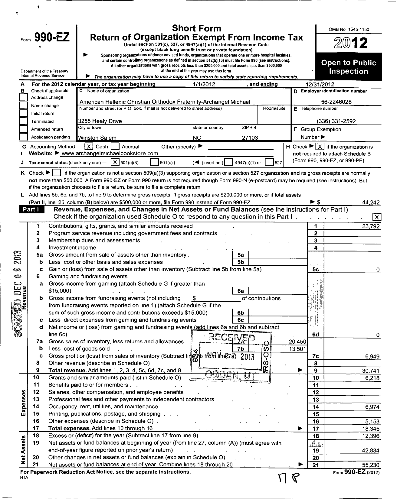 Image of first page of 2012 Form 990EZ for American Hellenic Christian Orthodox Fraternity