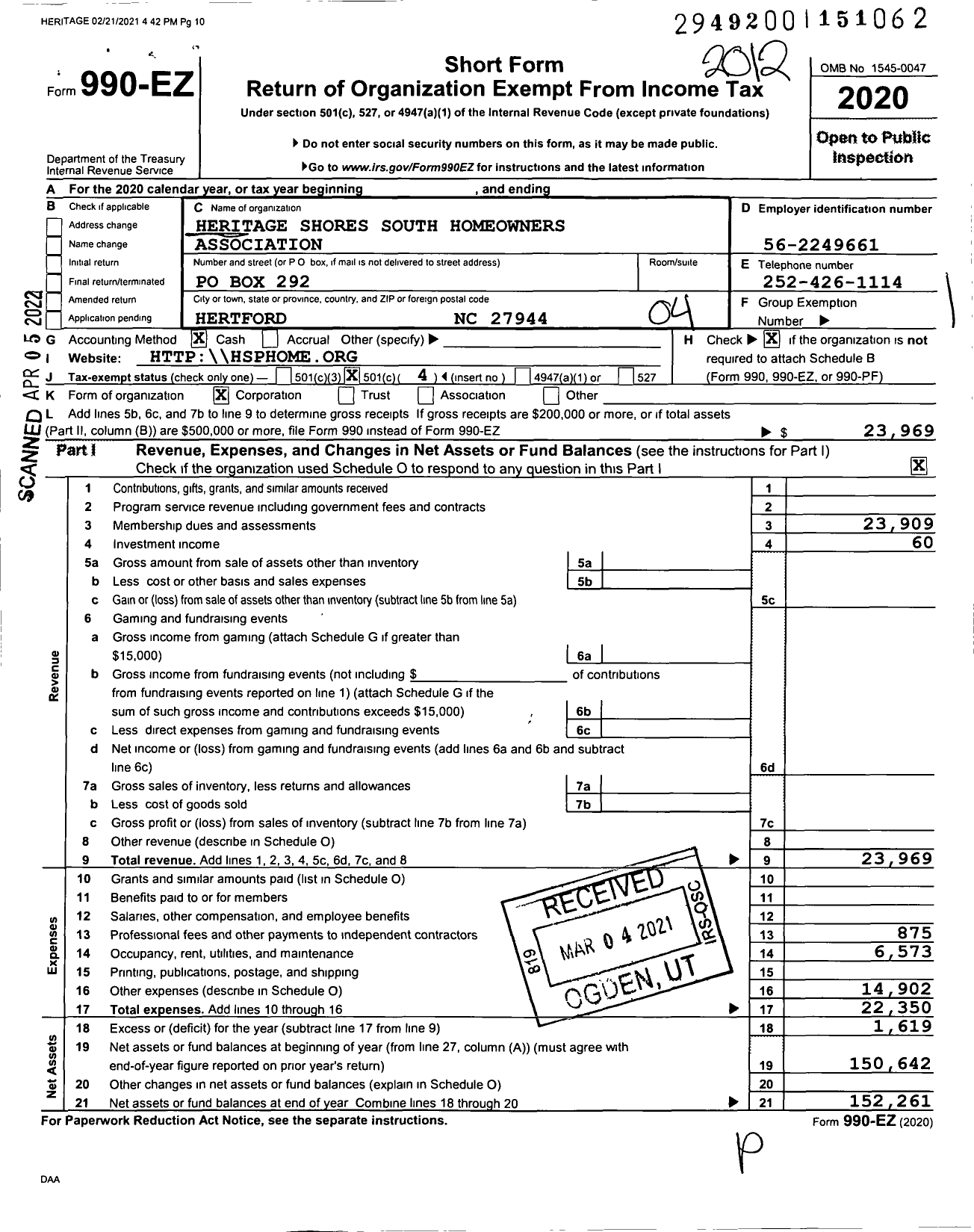 Image of first page of 2020 Form 990EO for Heritage Shores South Homeowners Association