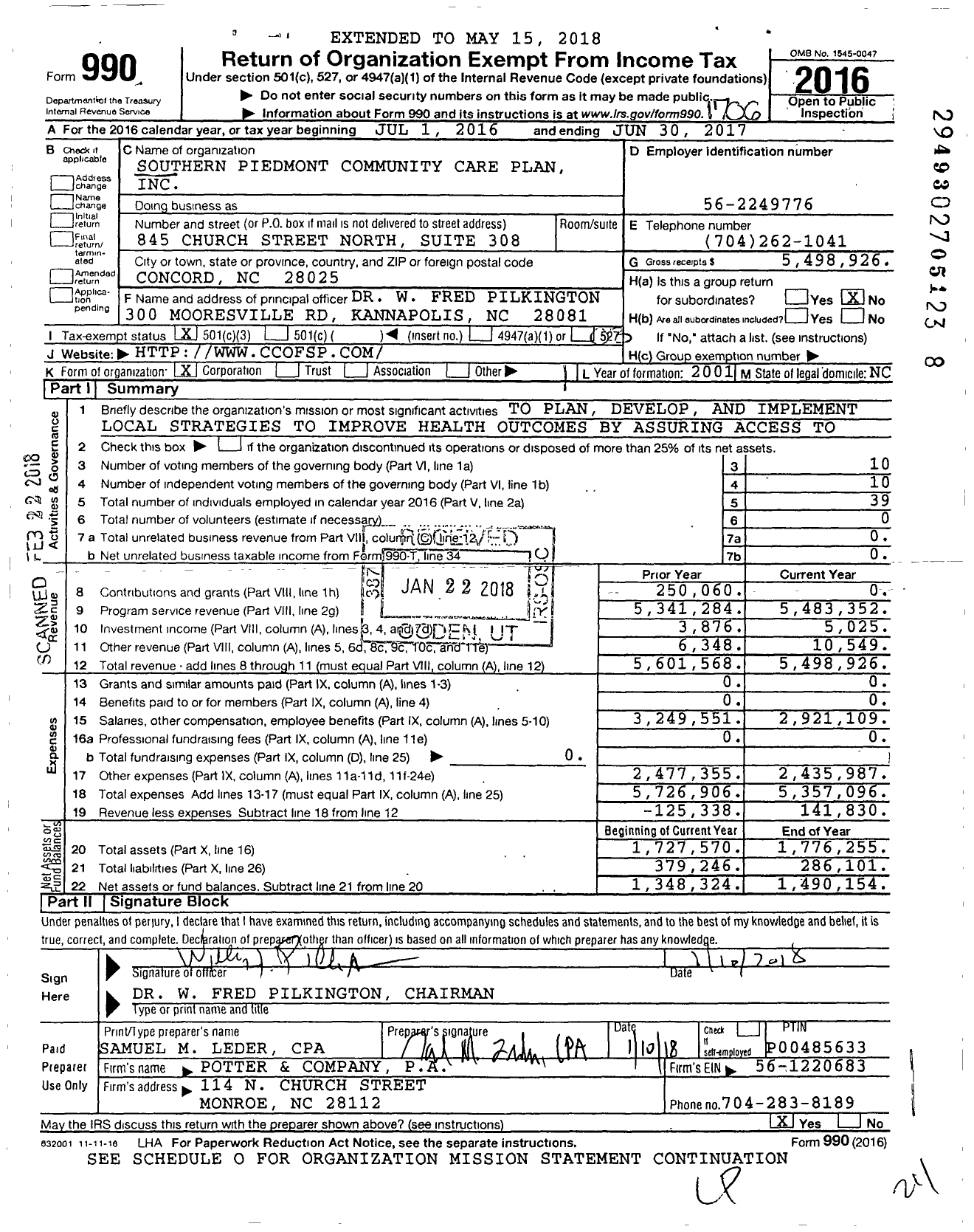 Image of first page of 2016 Form 990 for Southern Piedmont Community Care Plan