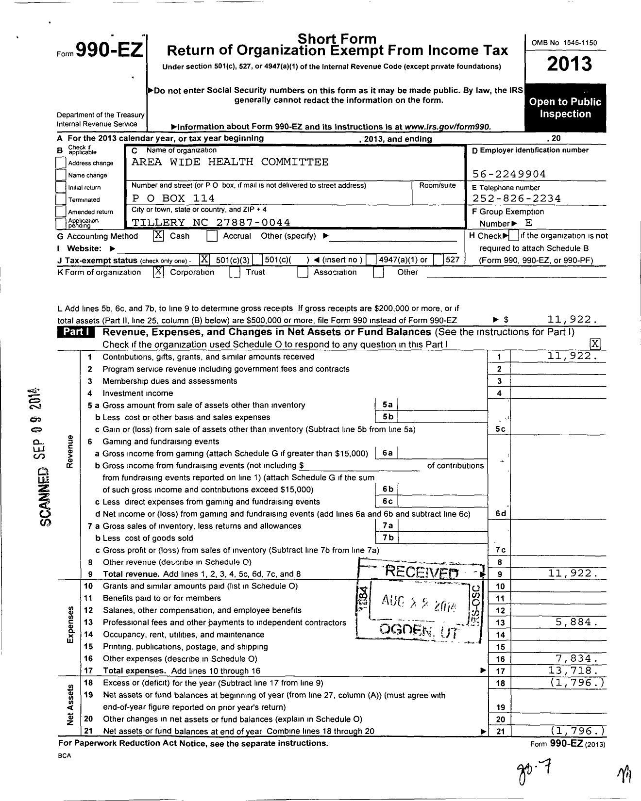 Image of first page of 2013 Form 990EZ for Areawide Health Committee