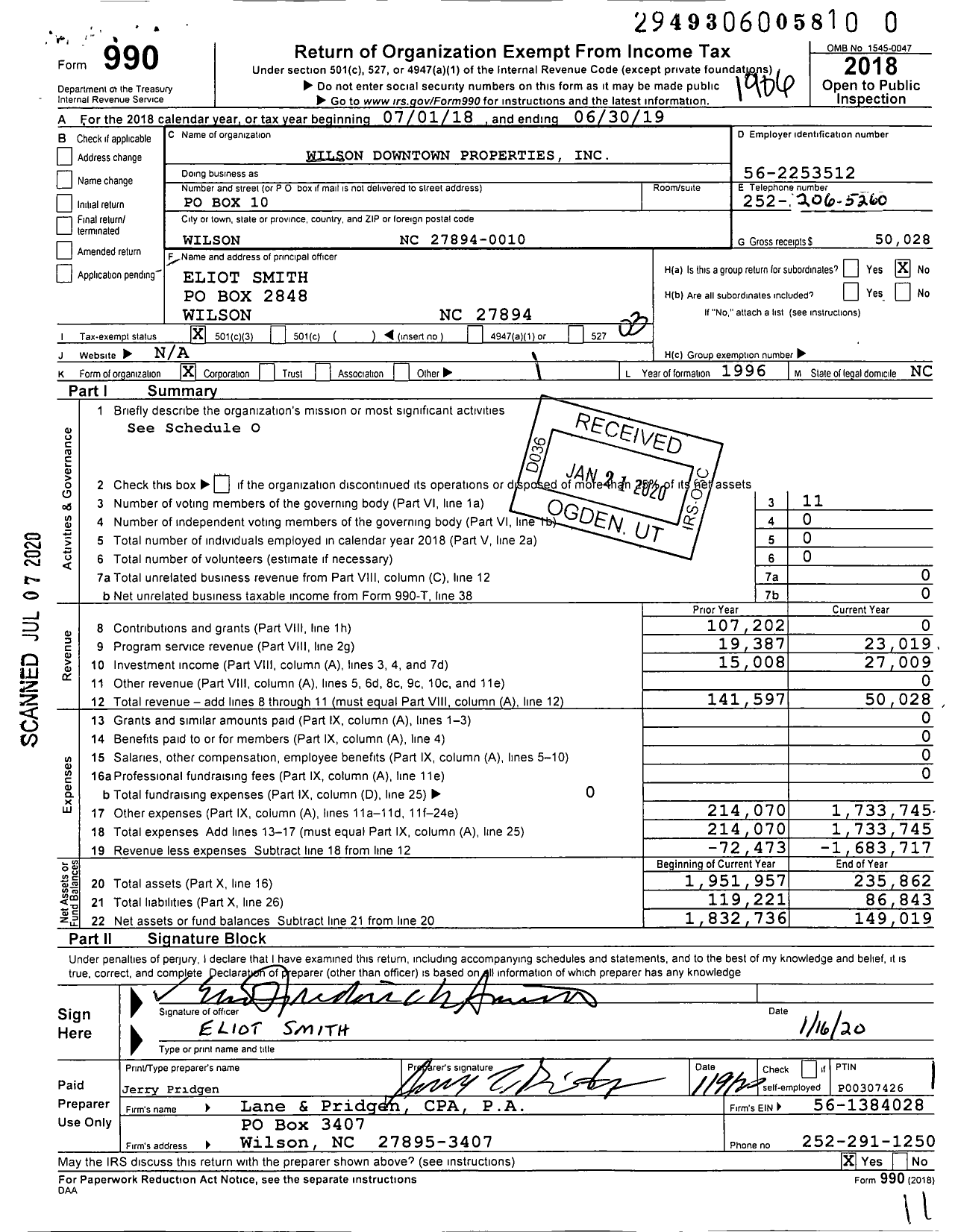 Image of first page of 2018 Form 990 for Wilson Downtown Properties