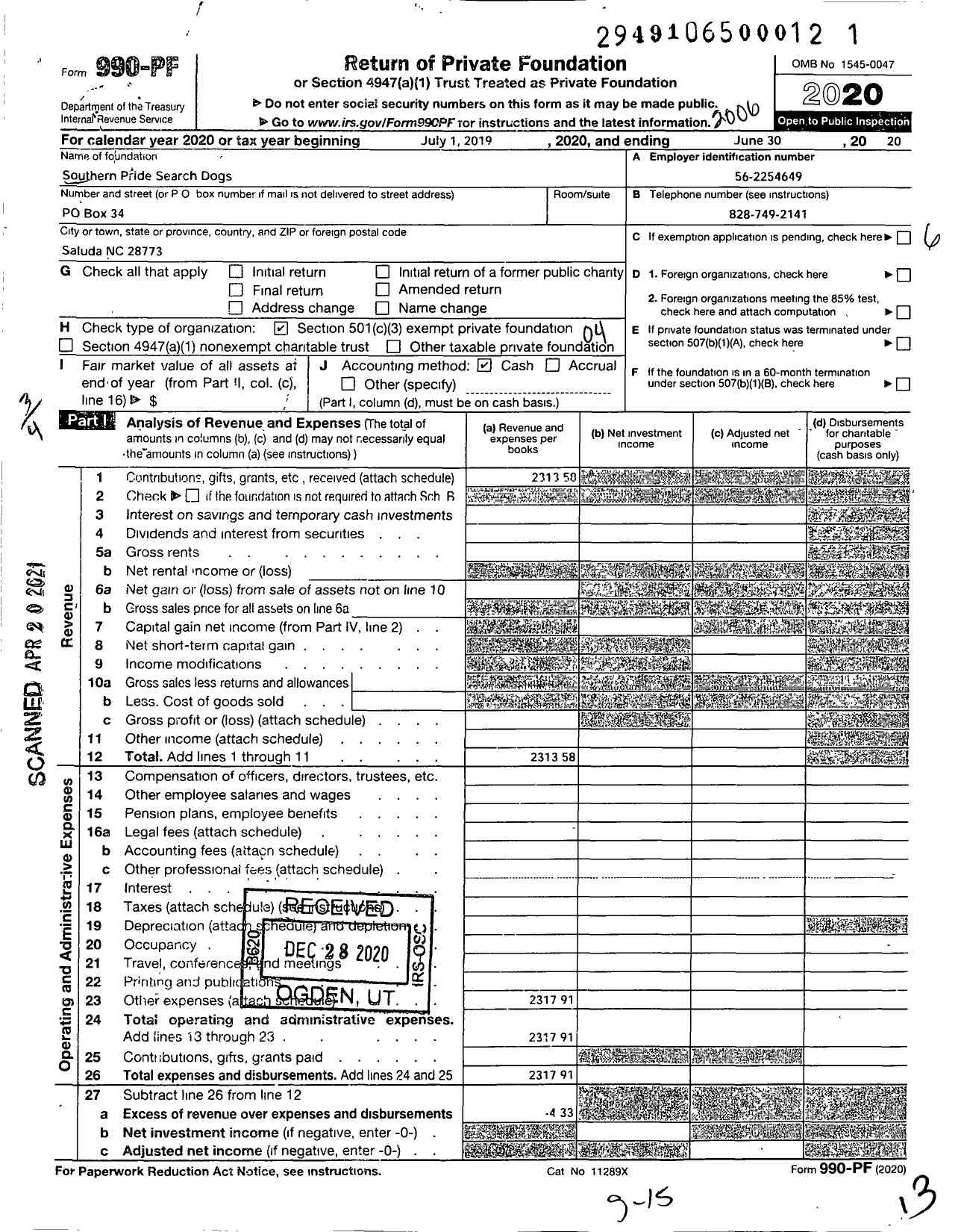 Image of first page of 2019 Form 990PF for Southern Pride Search Dogs