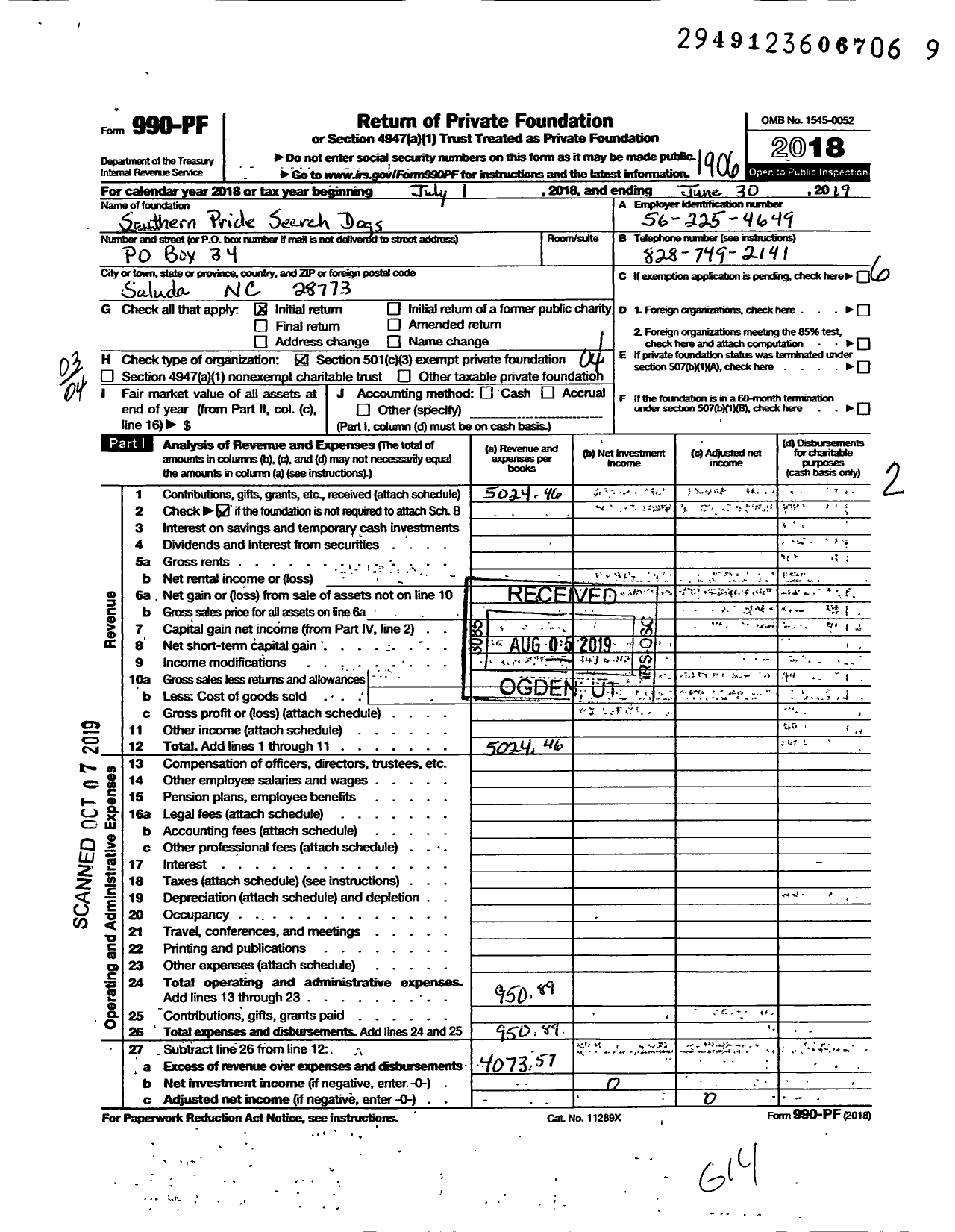 Image of first page of 2018 Form 990PF for Southern Pride Search Dogs