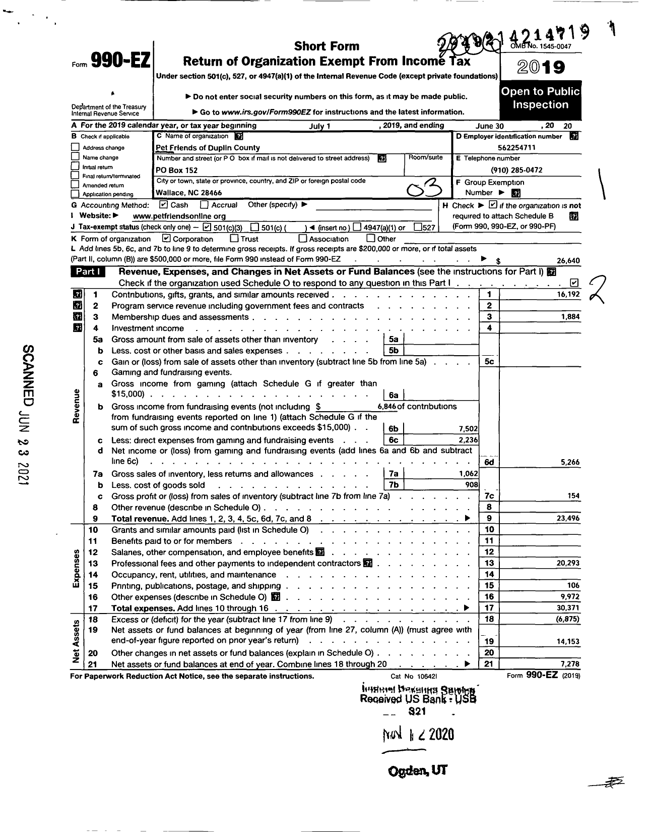 Image of first page of 2019 Form 990EZ for Pet Friends of Duplin County