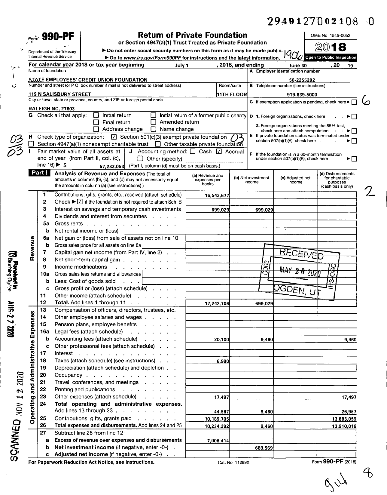 Image of first page of 2018 Form 990PF for State Employees Credit Union Foundation