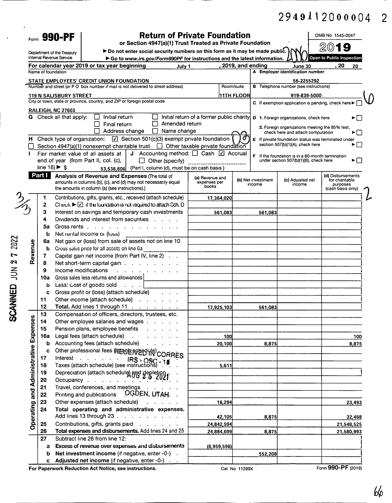 Image of first page of 2019 Form 990PF for State Employees Credit Union Foundation