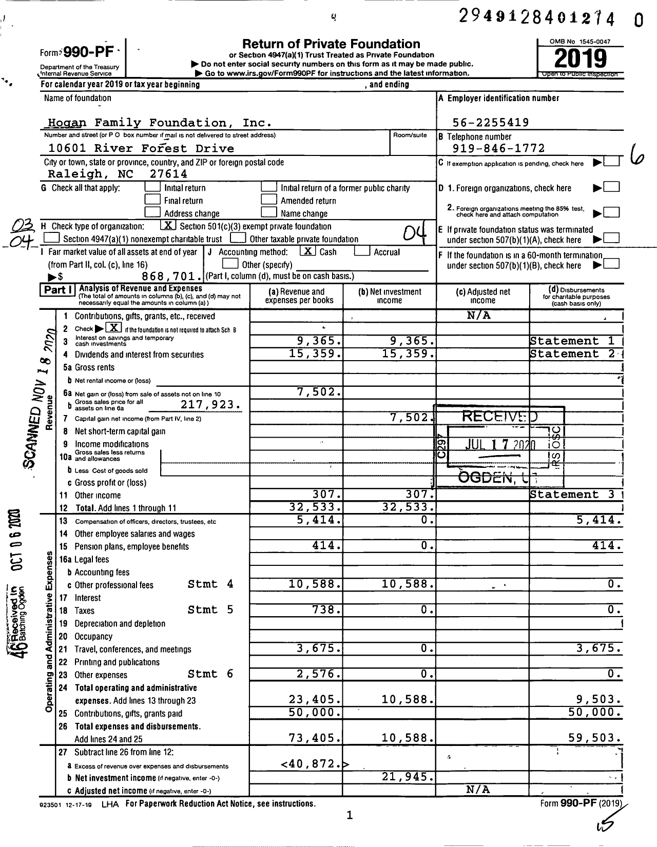 Image of first page of 2019 Form 990PF for Hogan Family Foundation