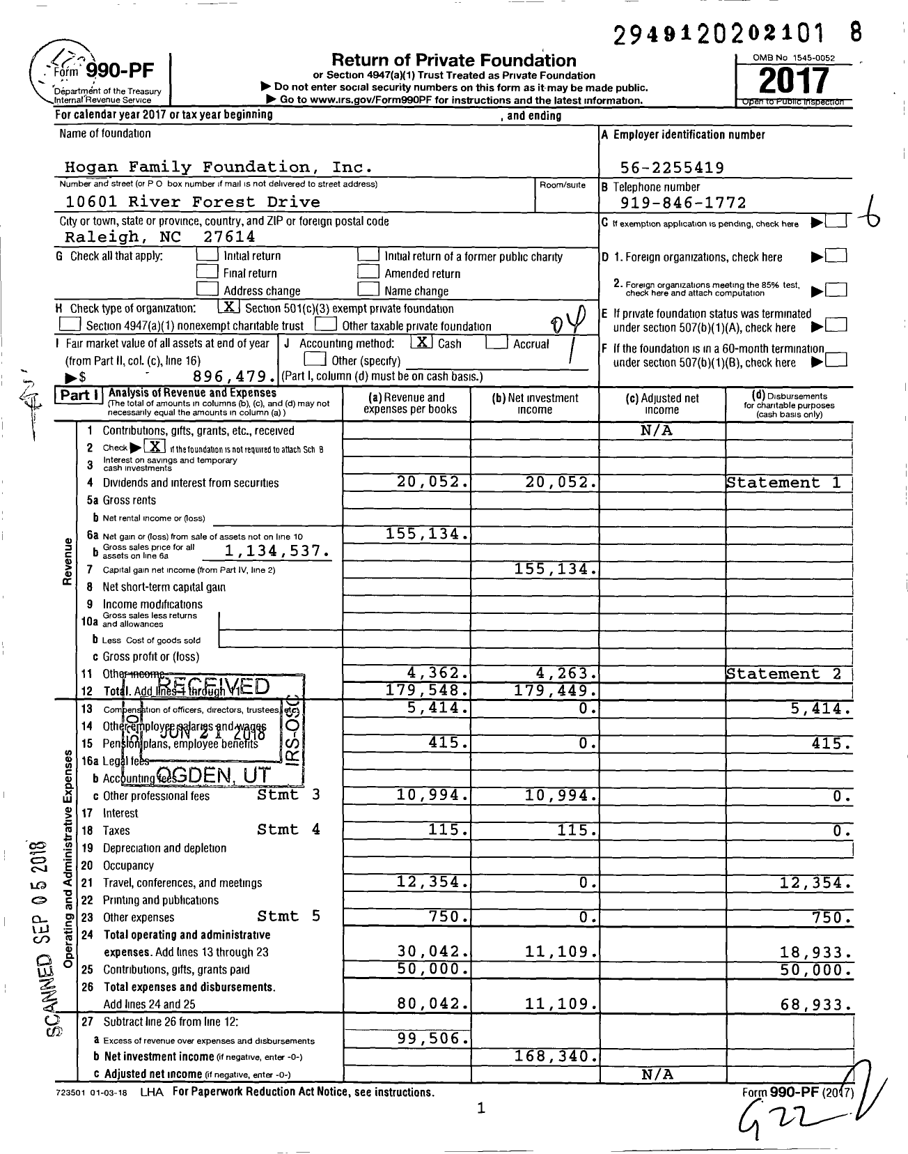 Image of first page of 2017 Form 990PF for Hogan Family Foundation