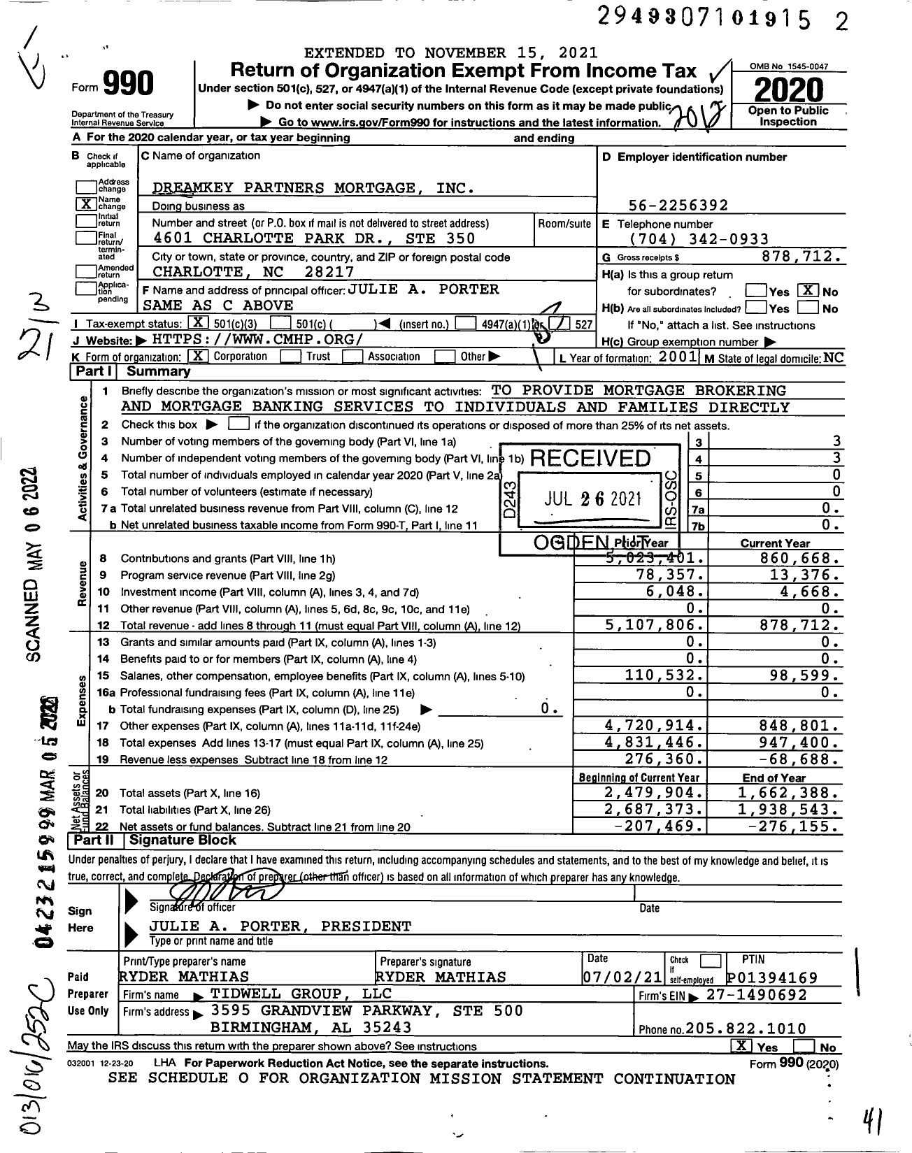 Image of first page of 2020 Form 990 for Dreamkey Partners Mortgage