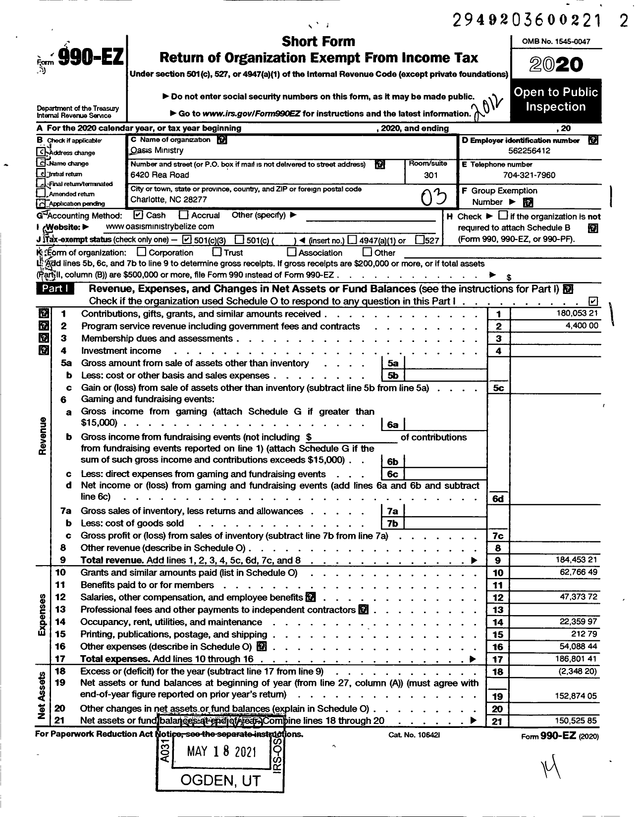 Image of first page of 2020 Form 990EZ for Oasis Ministry