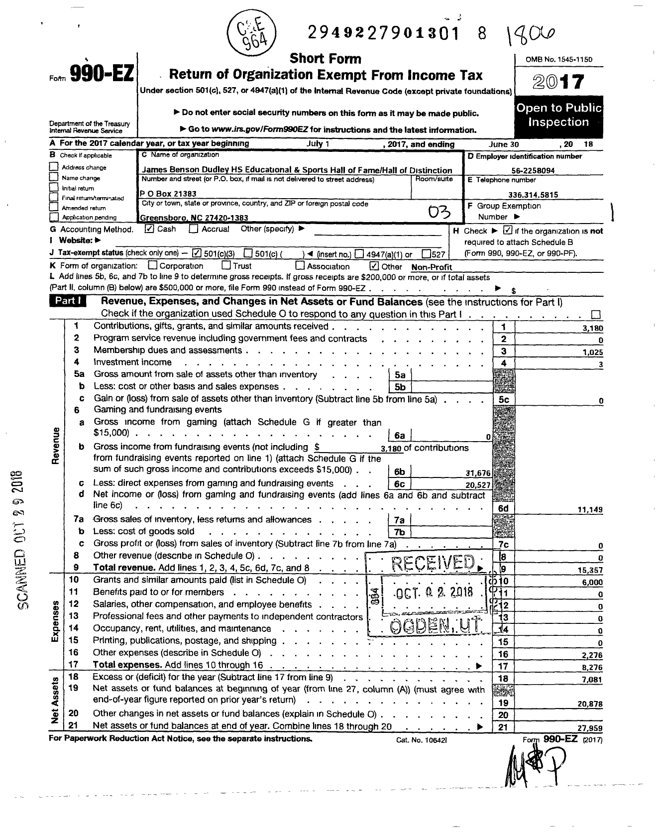 Image of first page of 2017 Form 990EZ for James Benson Dudley Educational and Sports Hall of Fame