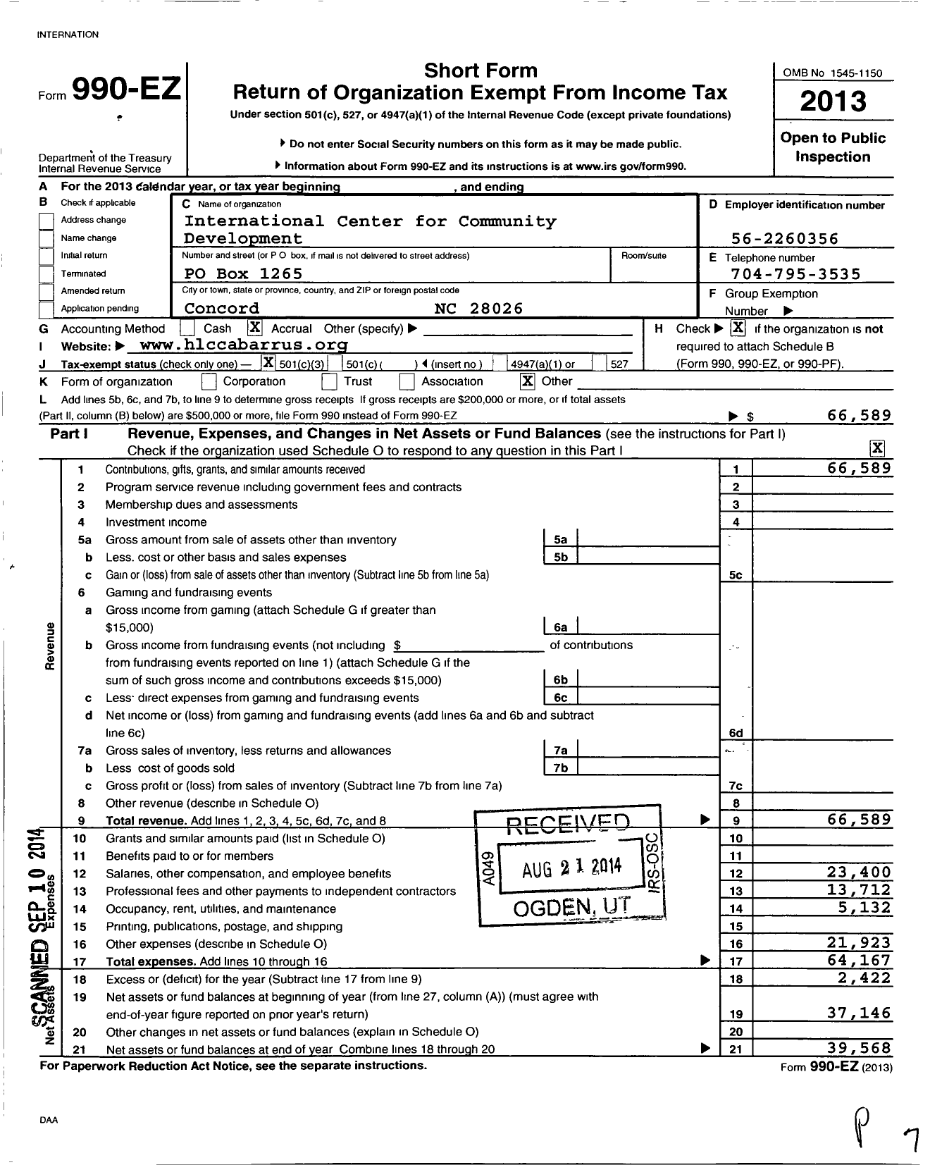 Image of first page of 2013 Form 990EZ for International Center for Community Development