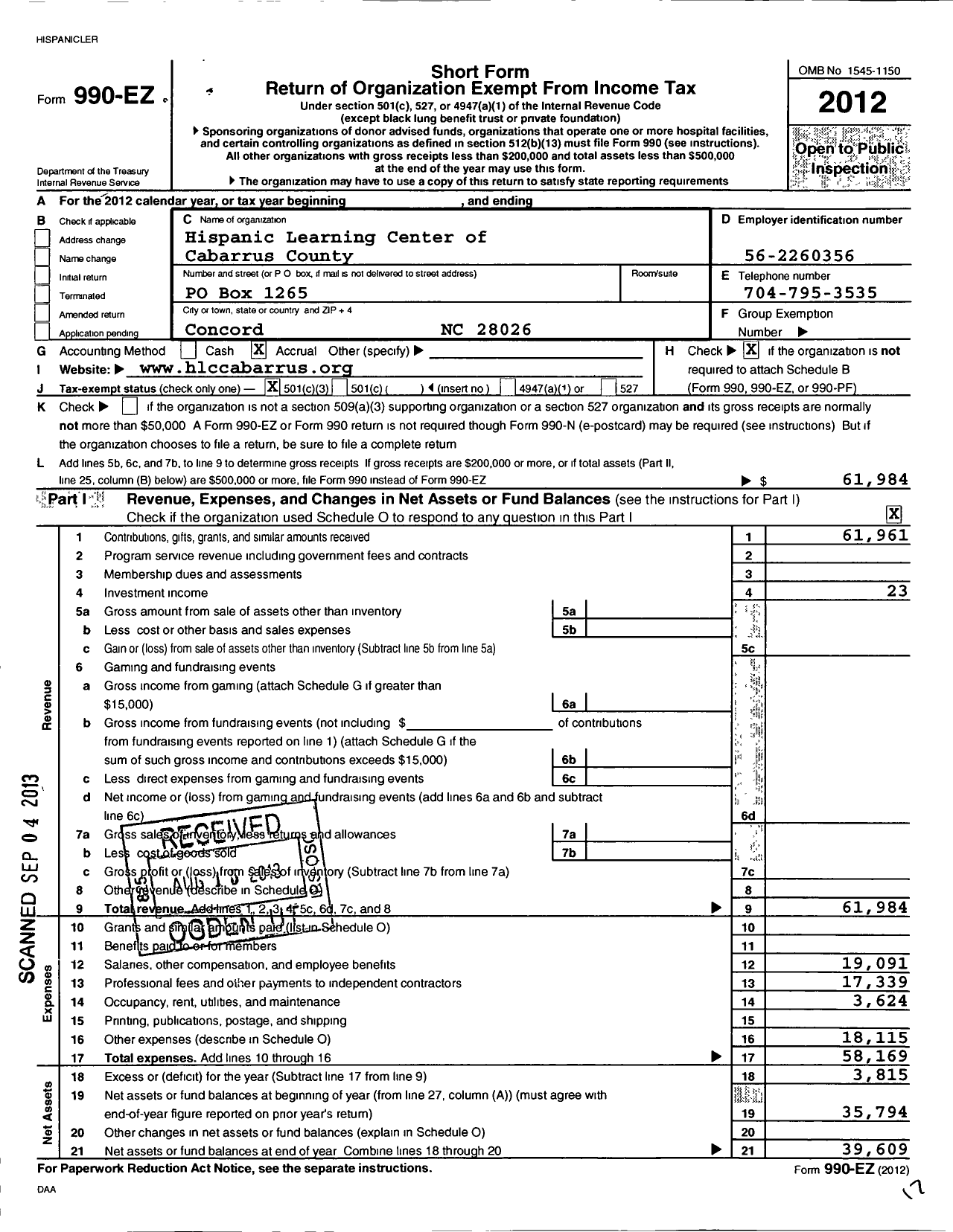 Image of first page of 2012 Form 990EZ for International Center for Community Development