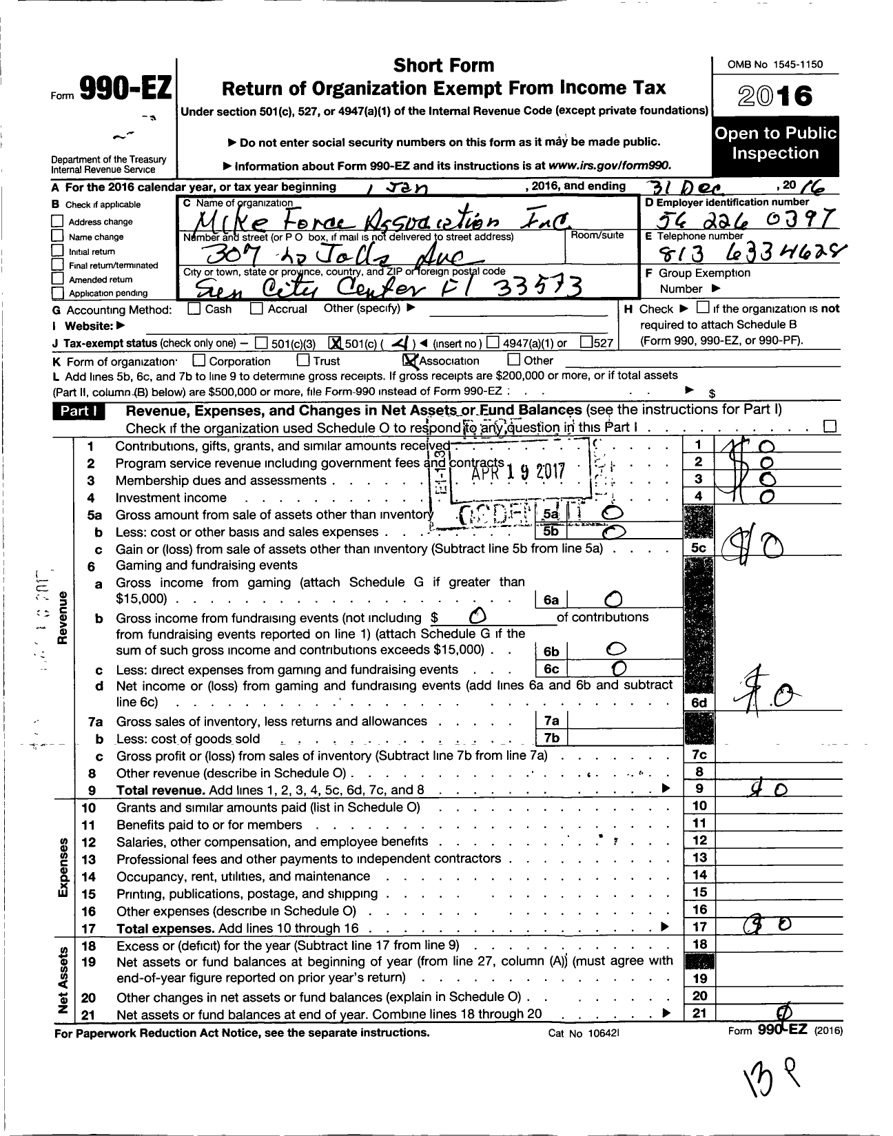 Image of first page of 2016 Form 990EO for Mike Force Association
