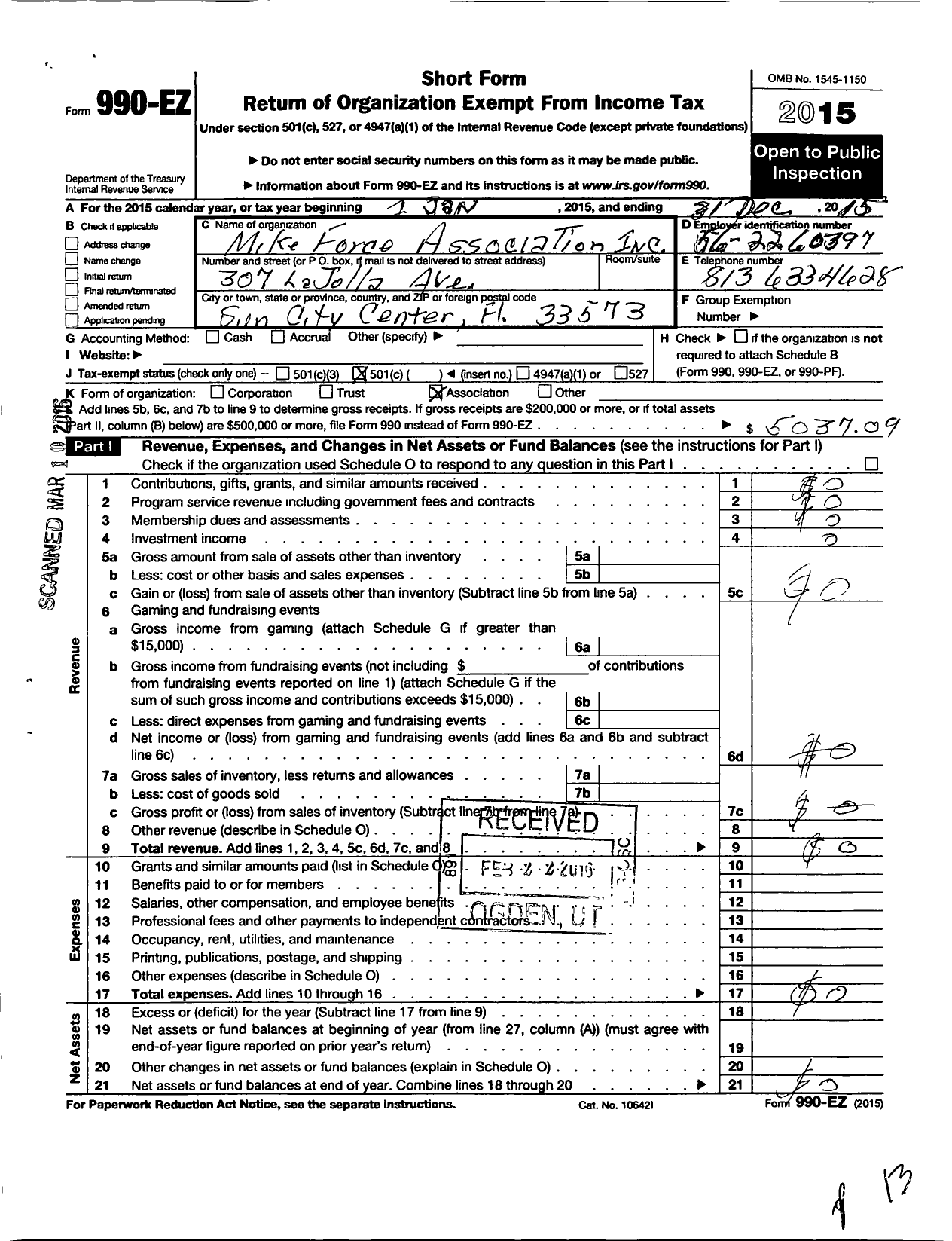 Image of first page of 2015 Form 990EO for Mike Force Association
