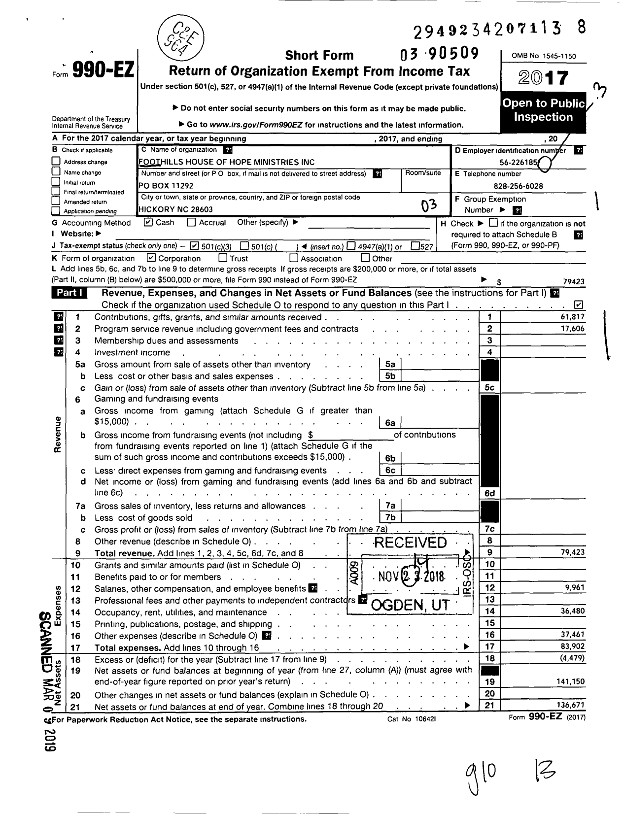 Image of first page of 2017 Form 990EZ for Foothills House of Hope Ministries