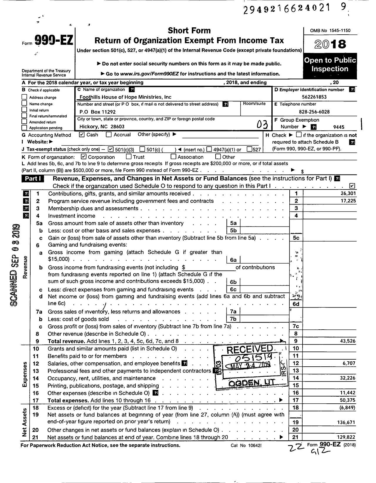 Image of first page of 2018 Form 990EZ for Foothills House of Hope Ministries