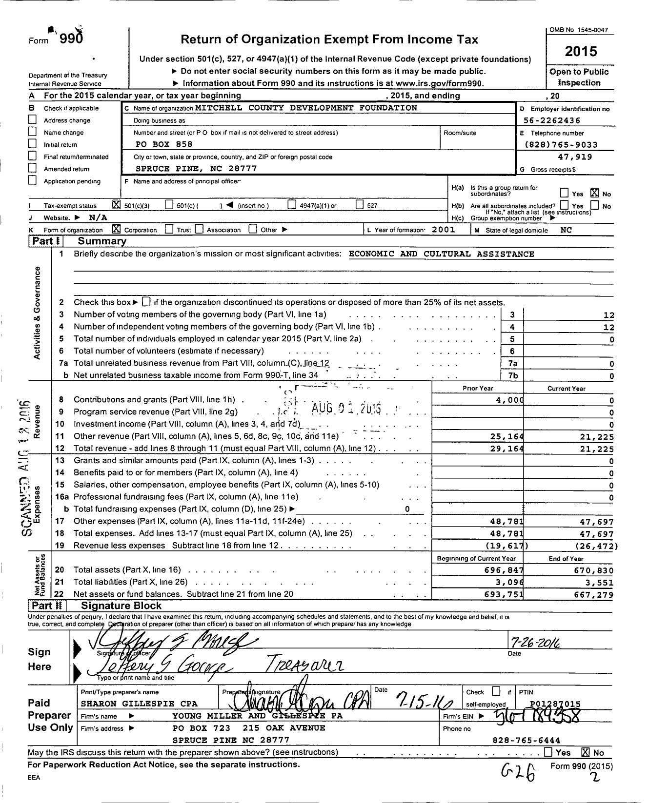 Image of first page of 2015 Form 990 for Mitchell County Development Foundation