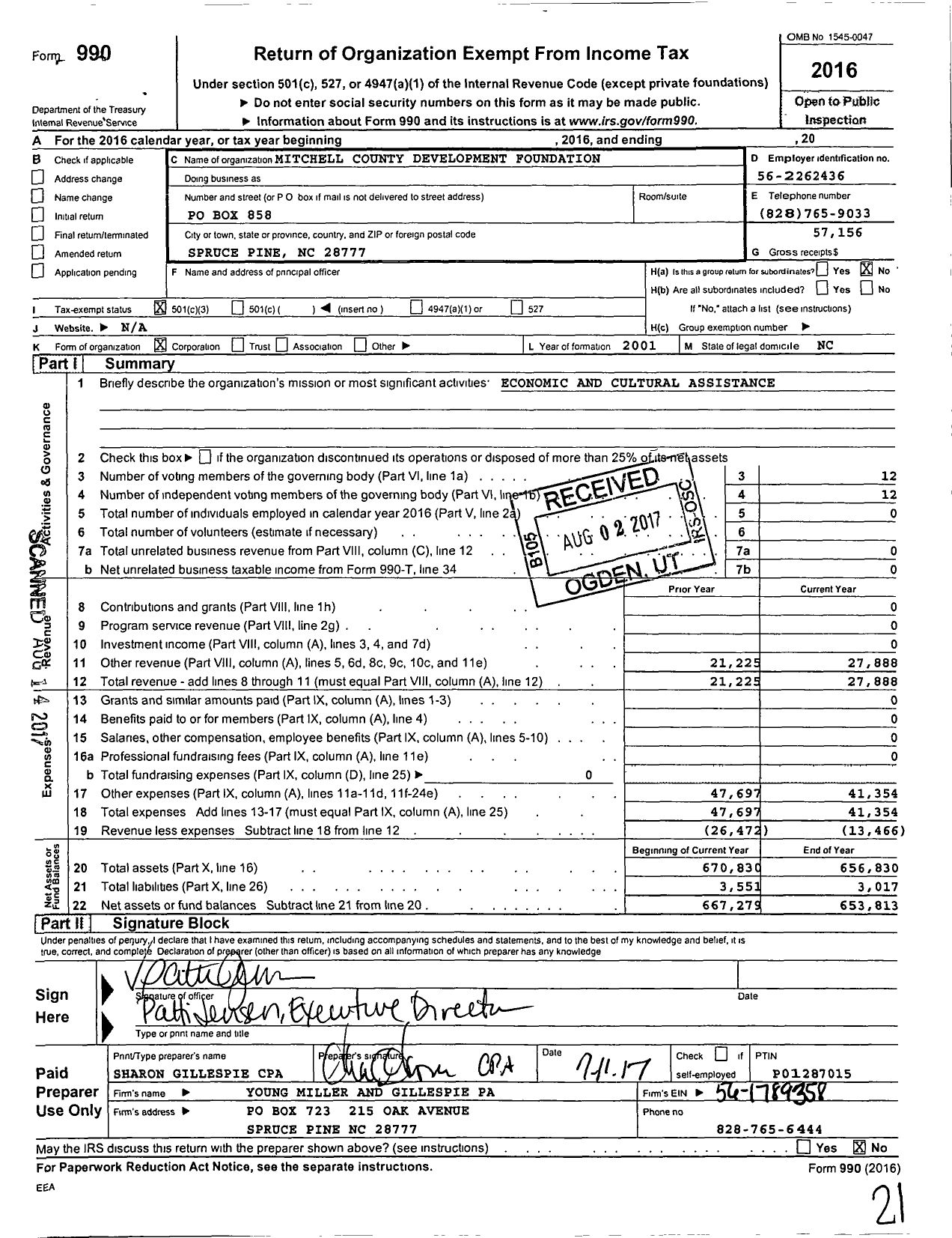 Image of first page of 2016 Form 990 for Mitchell County Development Foundation