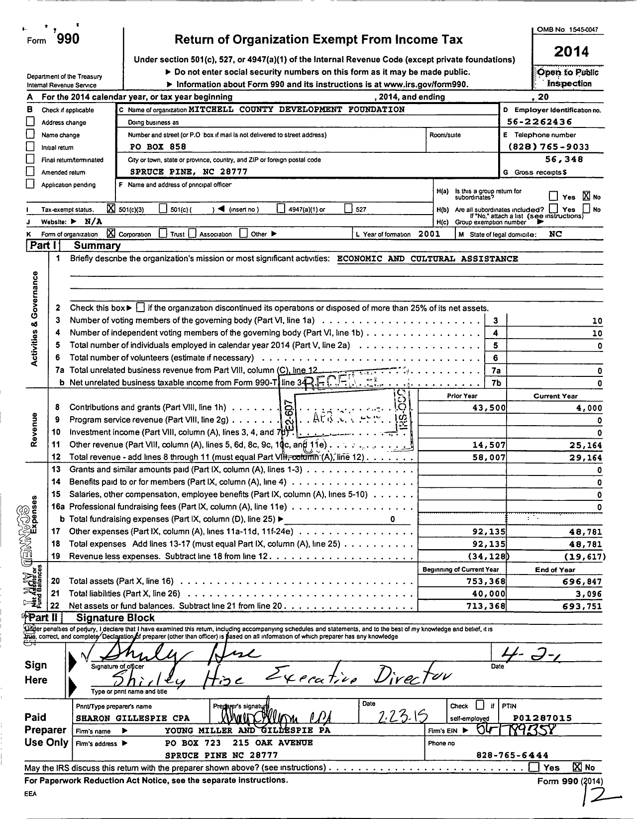 Image of first page of 2014 Form 990 for Mitchell County Development Foundation