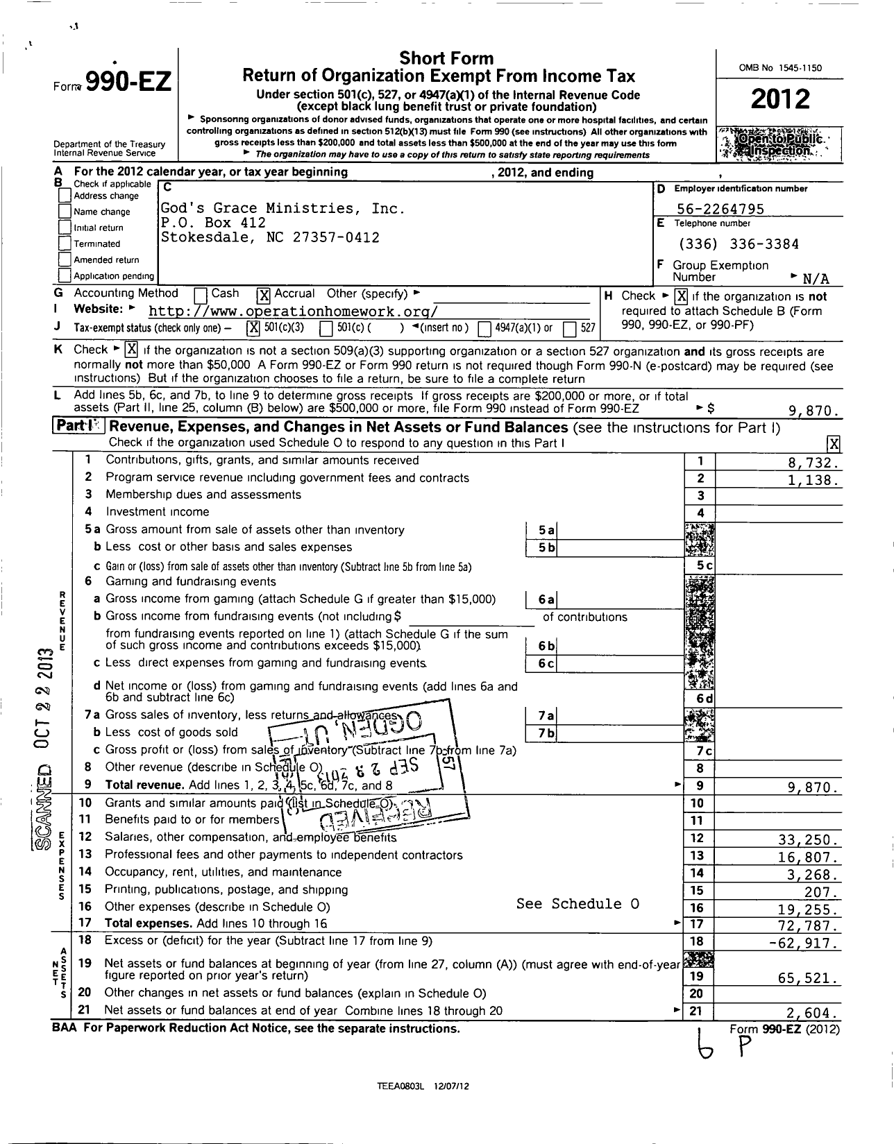 Image of first page of 2012 Form 990EZ for Gods Grace Ministries