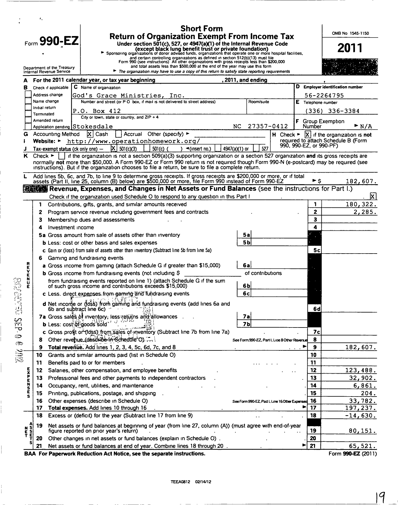 Image of first page of 2011 Form 990EZ for Gods Grace Ministries