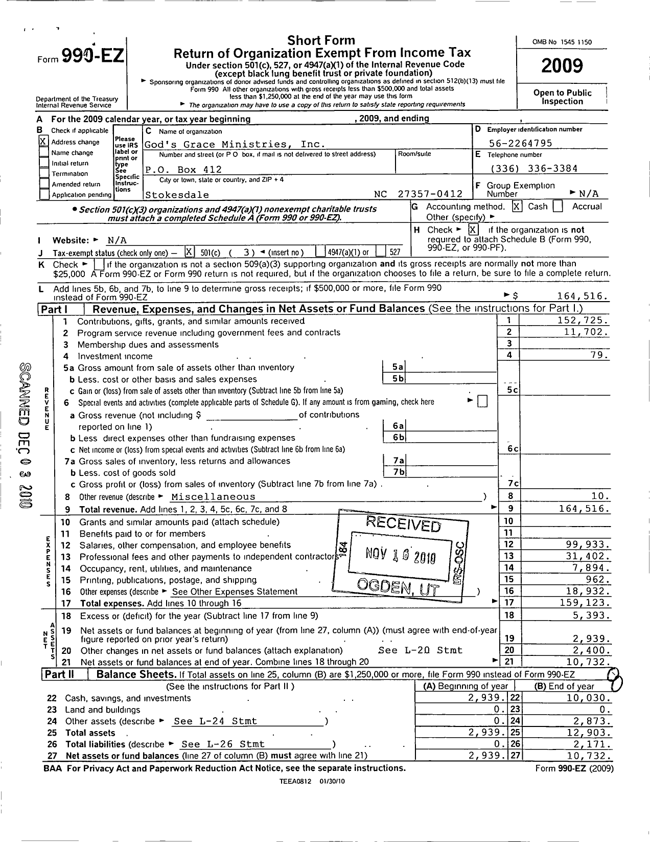 Image of first page of 2009 Form 990EZ for Gods Grace Ministries