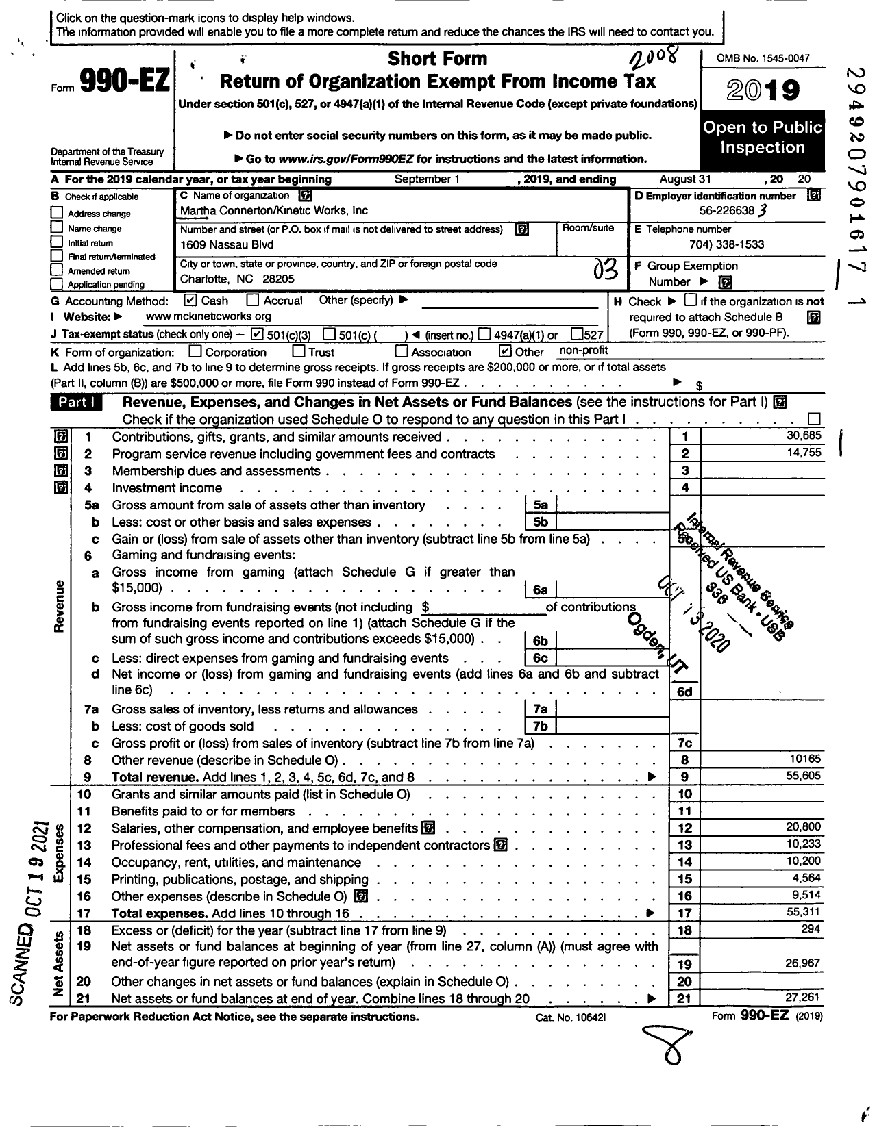 Image of first page of 2019 Form 990EZ for Martha Connerton Kinetic Works