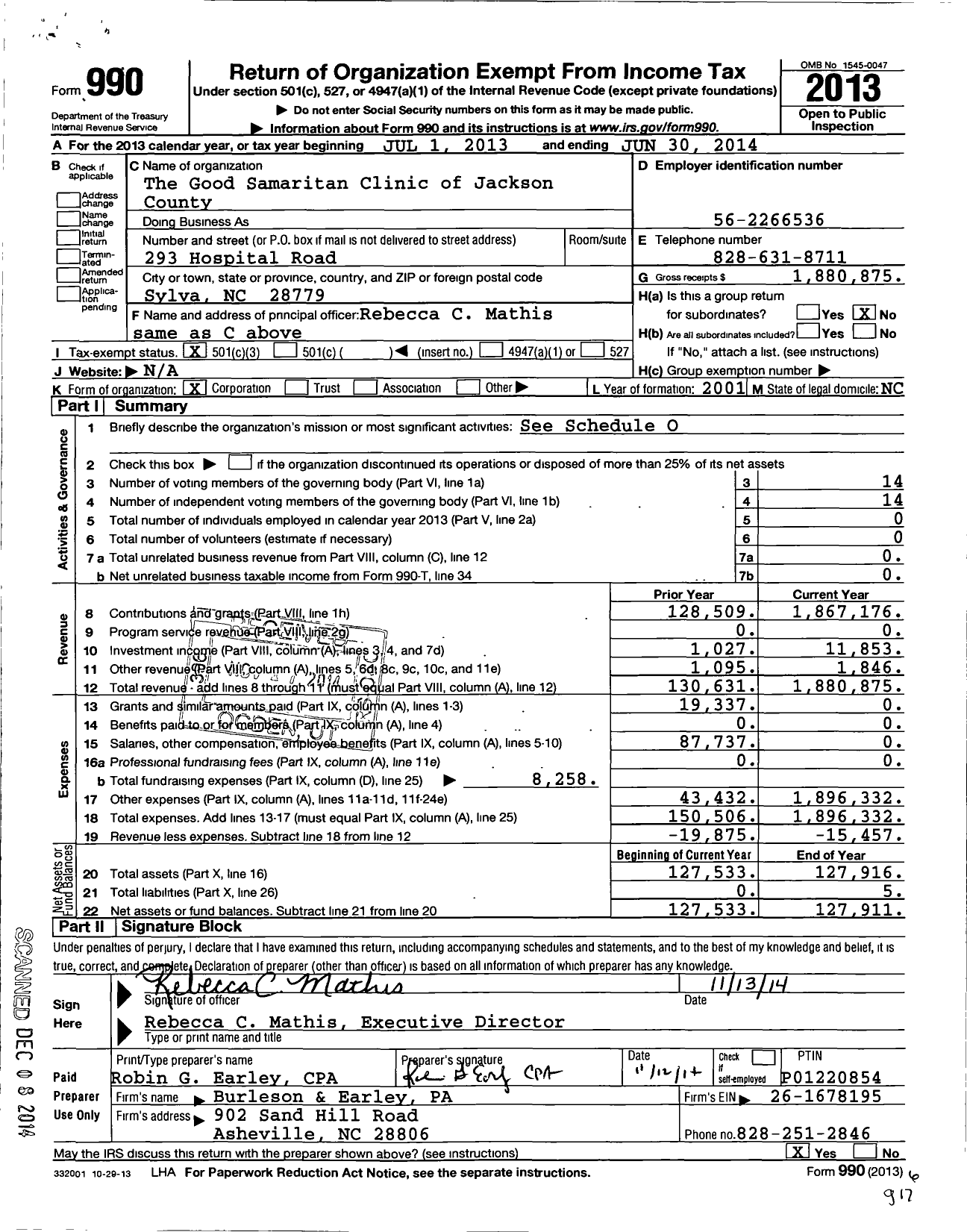 Image of first page of 2013 Form 990 for Good Samaritan Clinic of Jackson County