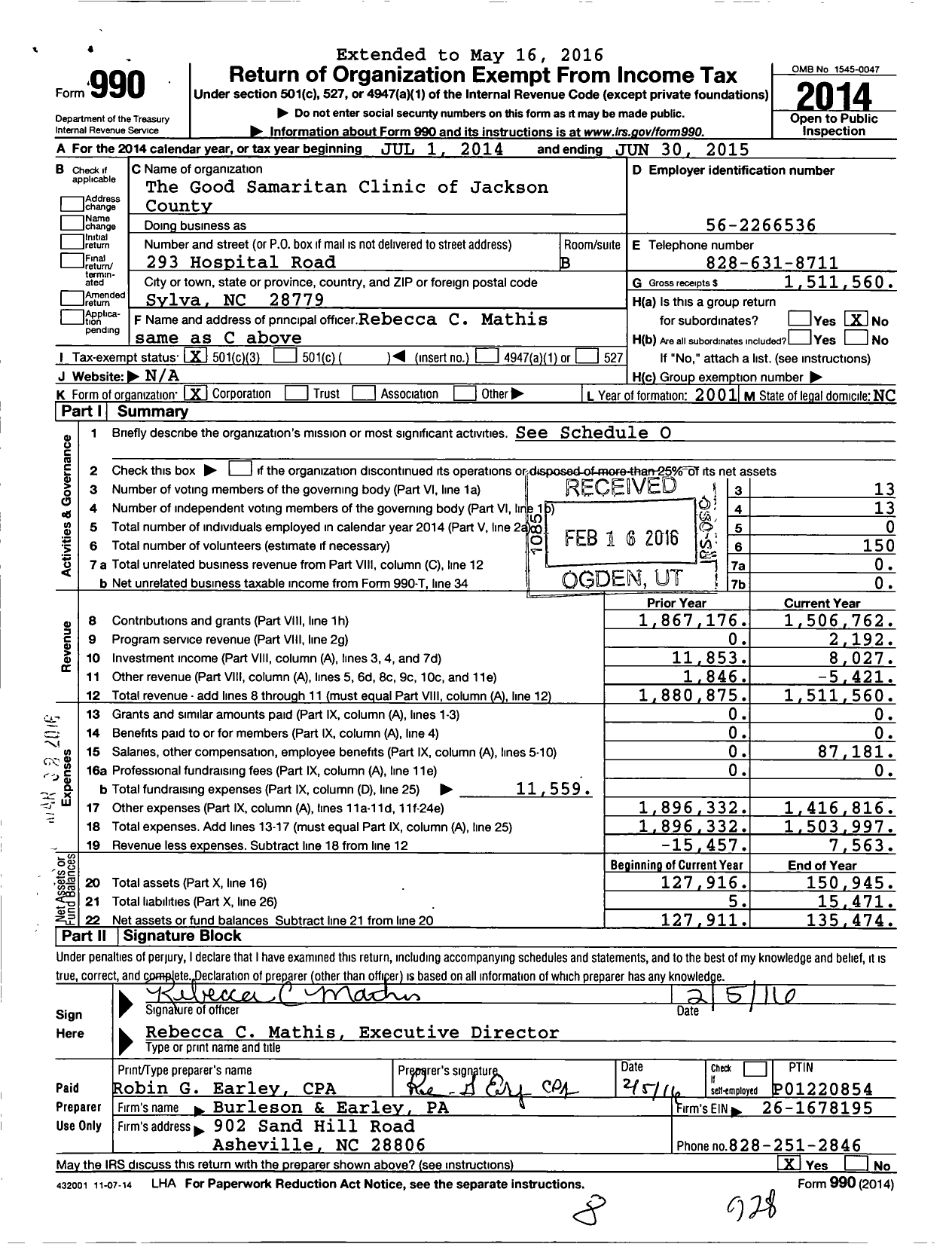 Image of first page of 2014 Form 990 for Good Samaritan Clinic of Jackson County