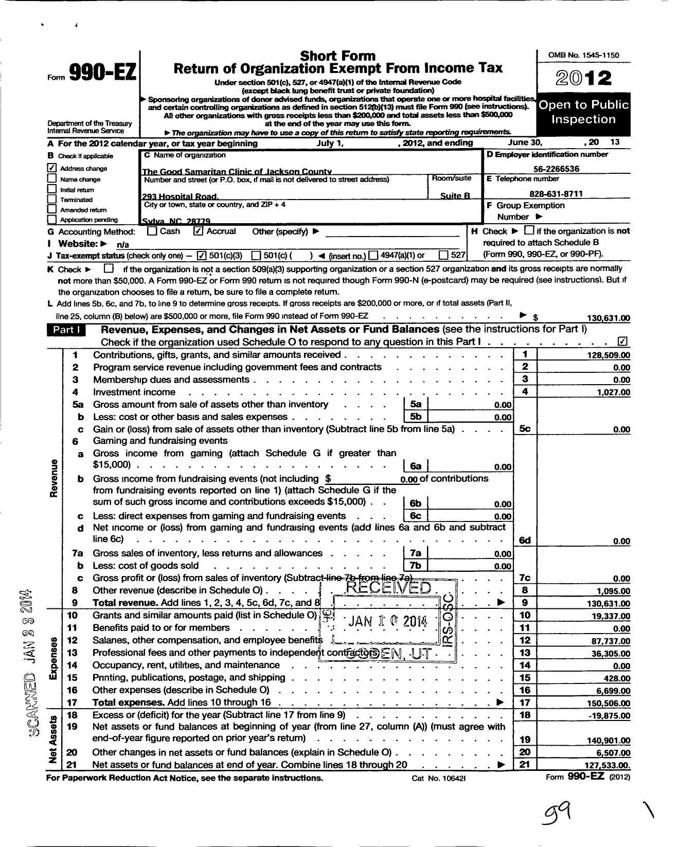 Image of first page of 2012 Form 990EZ for Good Samaritan Clinic of Jackson County
