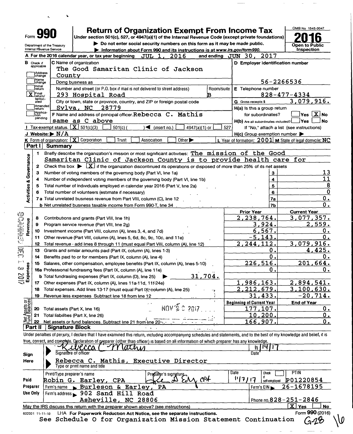 Image of first page of 2016 Form 990 for Good Samaritan Clinic of Jackson County